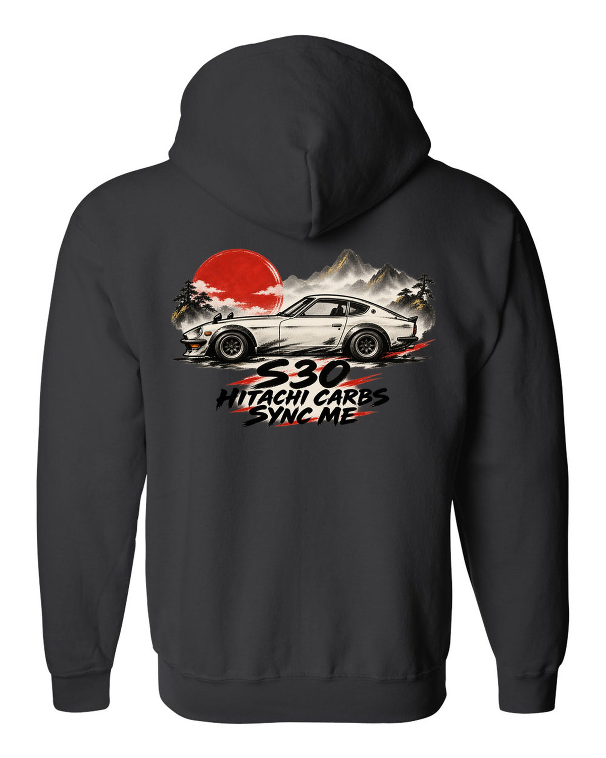 Sumi-e ink wash profile of a 1972 Datsun 240Z S30 with red accents black zip hoodie back view with the design
