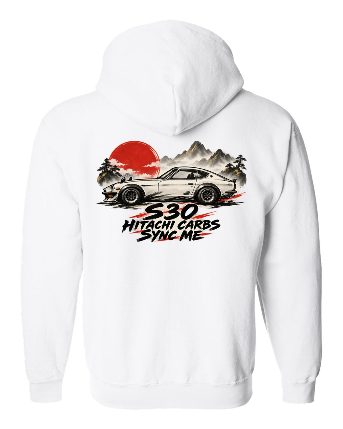 Sumi-e ink wash profile of a 1972 Datsun 240Z S30 with red accents white zip hoodie back view with the design