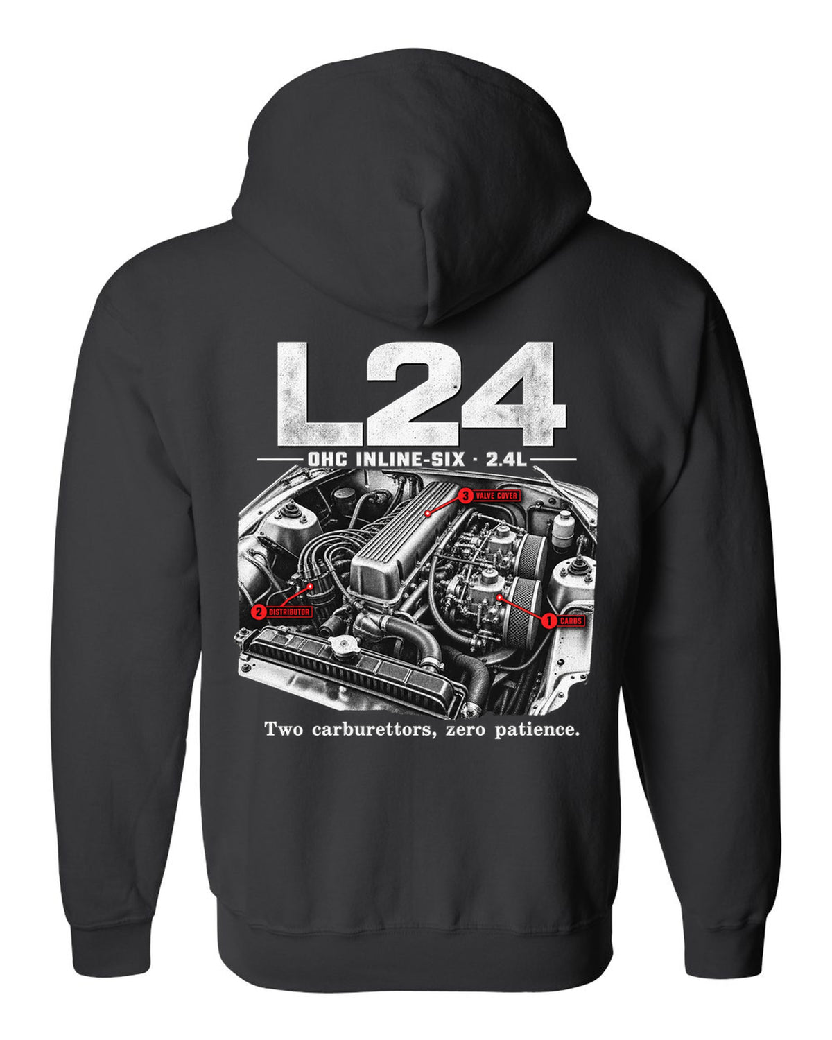 Engine bay print of a Datsun 240Z S30 L24 inline-six with carburettors black zip hoodie back view with the design
