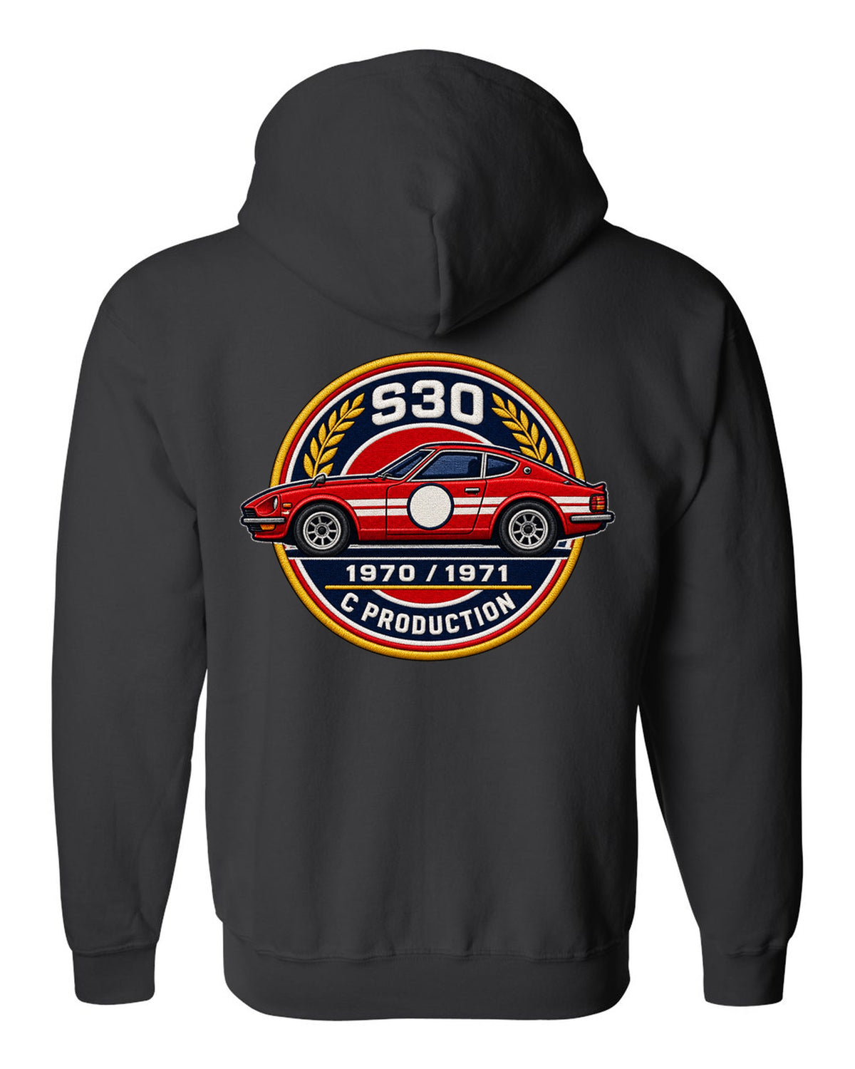Round crest print for the Datsun 240Z S30 with S30, 1970, 1971 and C Production lettering black zip hoodie back view with the design
