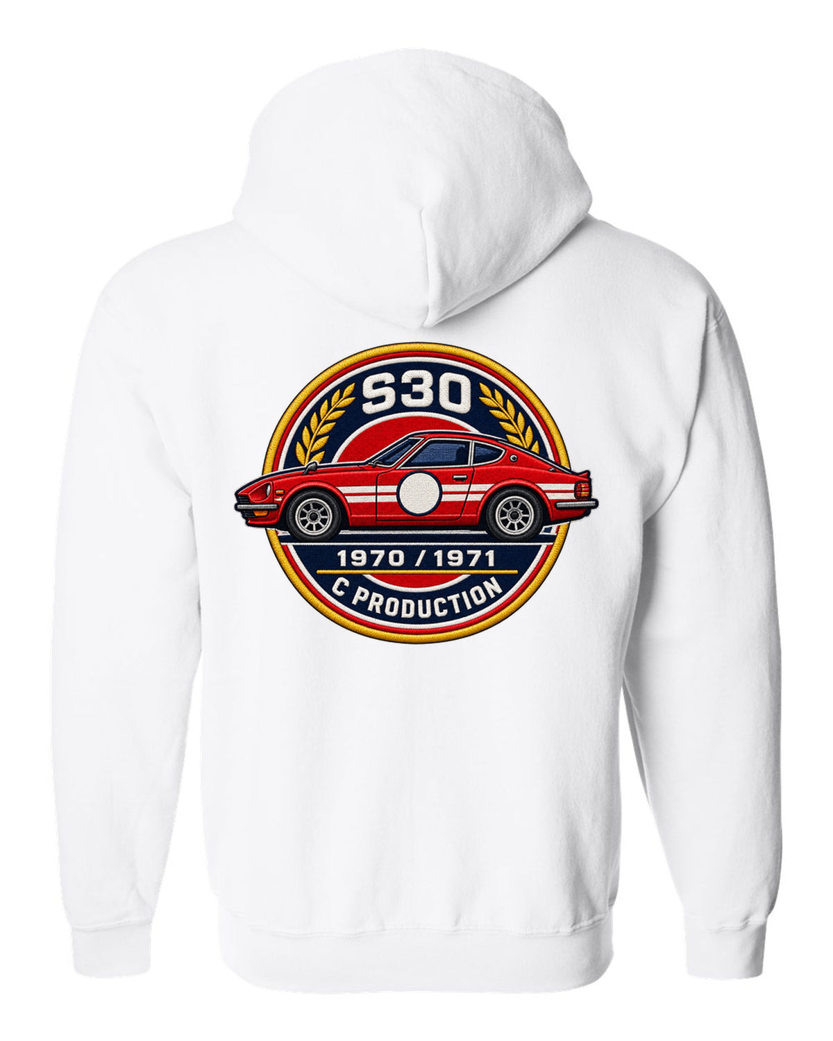 Round crest print for the Datsun 240Z S30 with S30, 1970, 1971 and C Production lettering white zip hoodie back view with the design