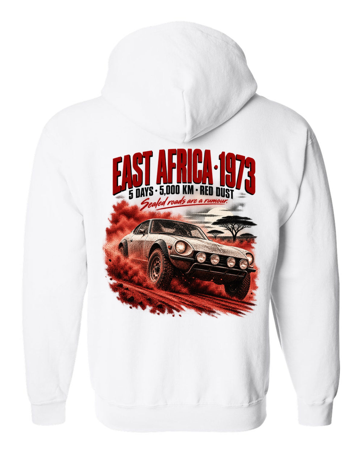 Rally poster print of a 1973 Datsun 240Z S30 rally car for East Africa white zip hoodie back view with the design