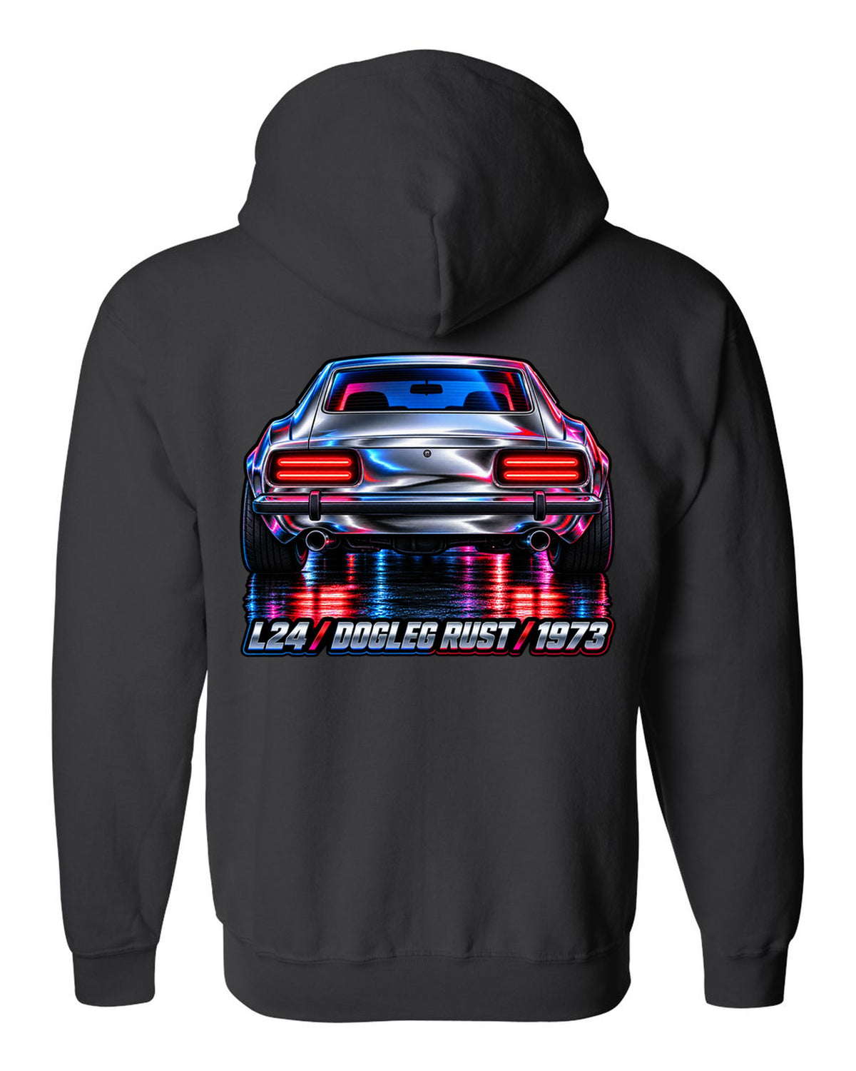 Airbrush chrome close-up of a 1973 Datsun 240Z rear taillights black zip hoodie back view with the design