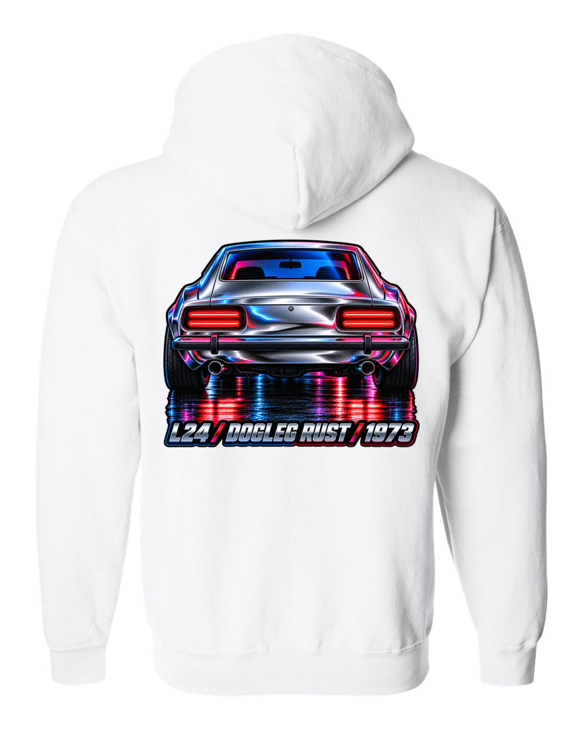 Airbrush chrome close-up of a 1973 Datsun 240Z rear taillights white zip hoodie back view with the design