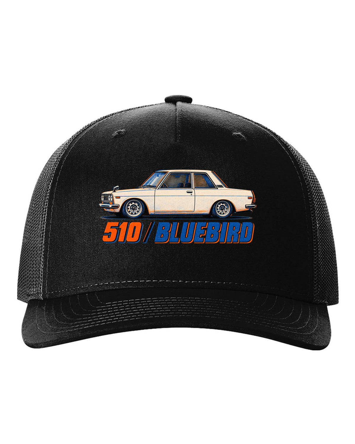 Risograph box print of the Datsun 510 Bluebird with 510 Bluebird lettering black hat front view with the design