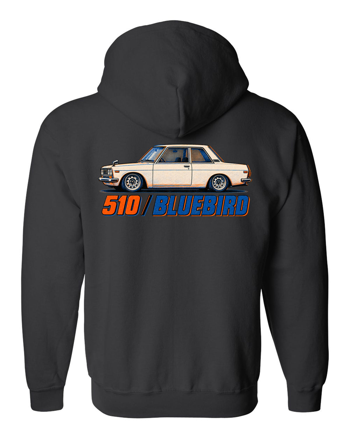 Risograph box print of the Datsun 510 Bluebird with 510 Bluebird lettering black zip hoodie back view with the design
