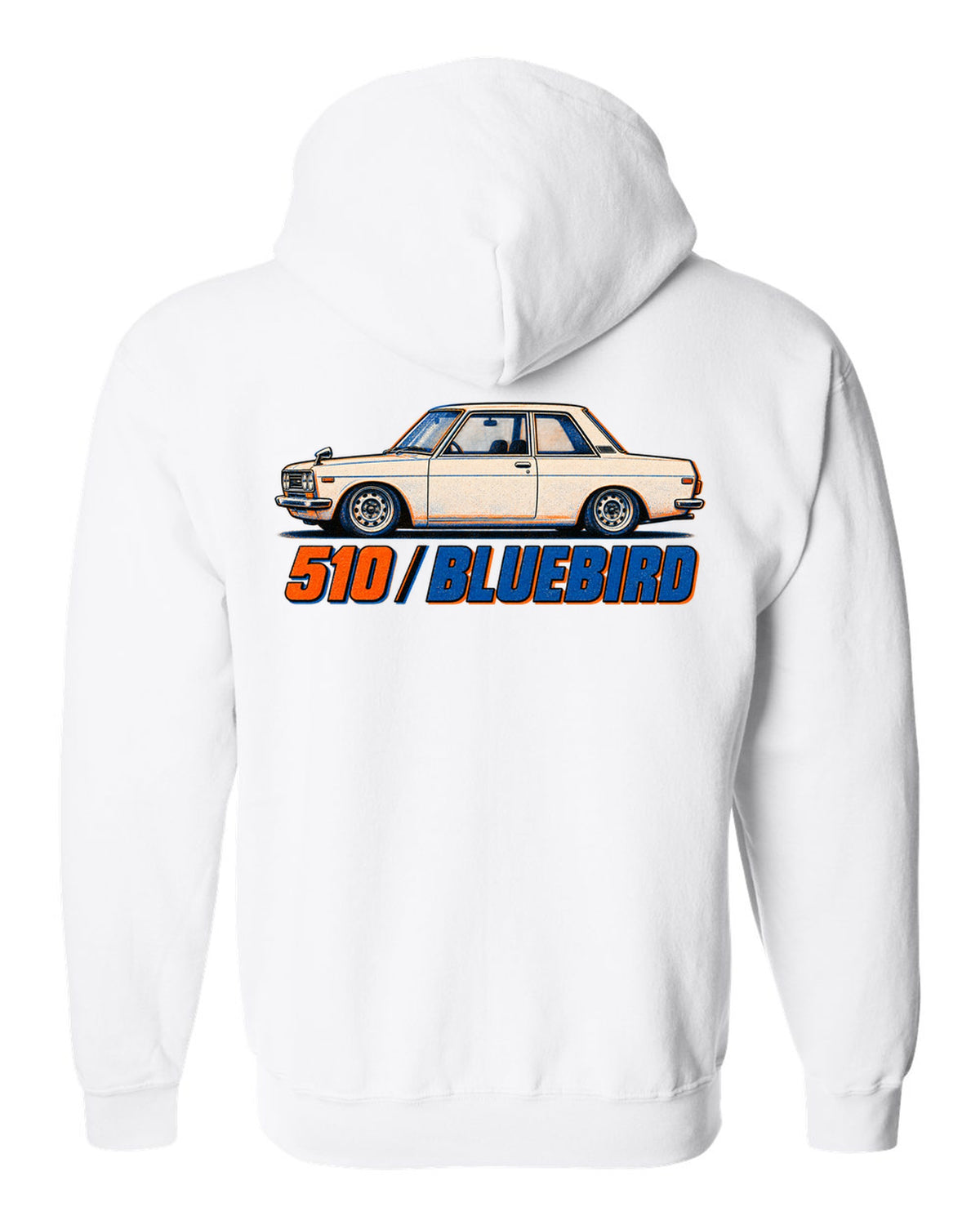 Risograph box print of the Datsun 510 Bluebird with 510 Bluebird lettering white zip hoodie back view with the design