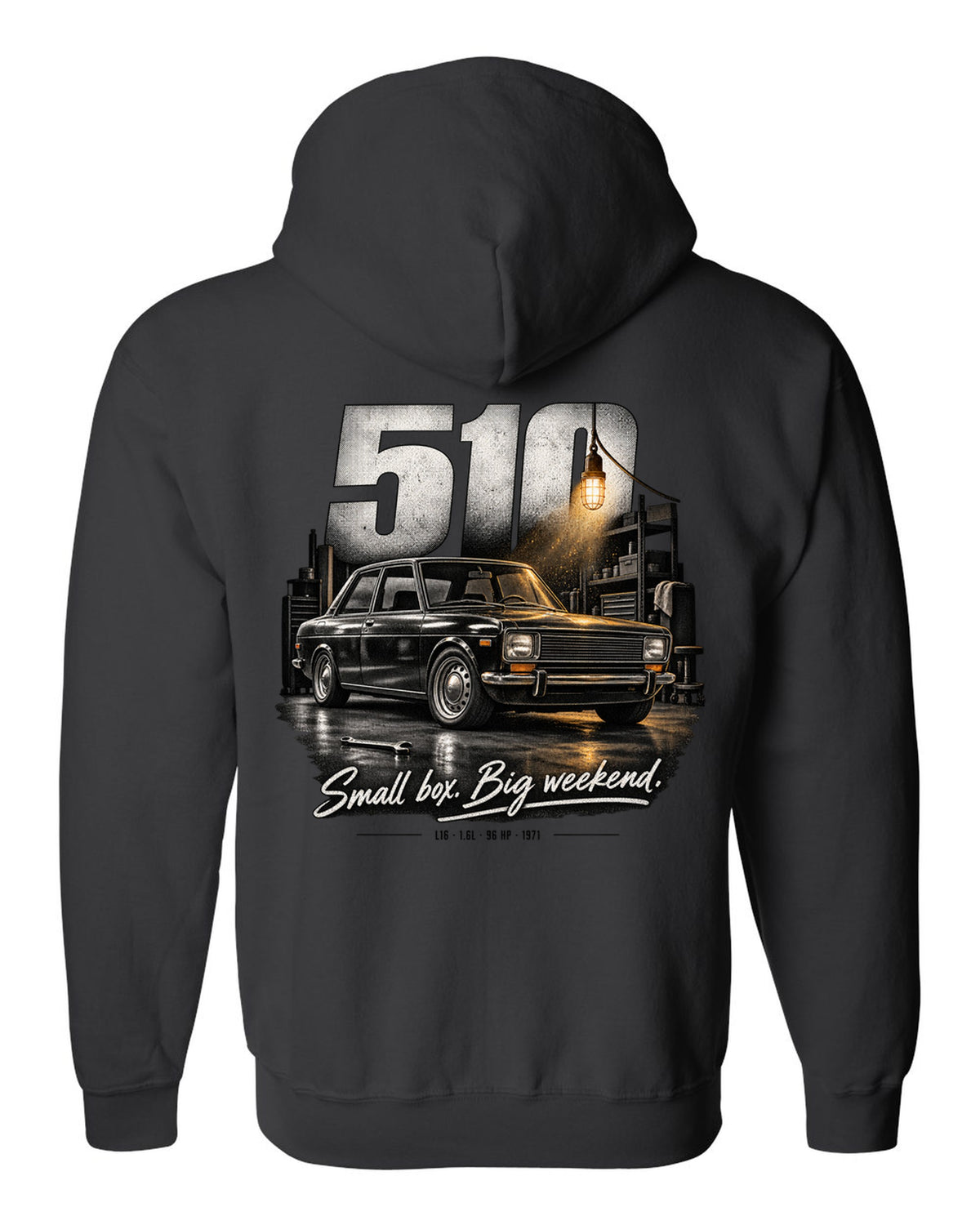 Garage night print of a Datsun 510 sedan with L16 1.6L 96 HP text black zip hoodie back view with the design