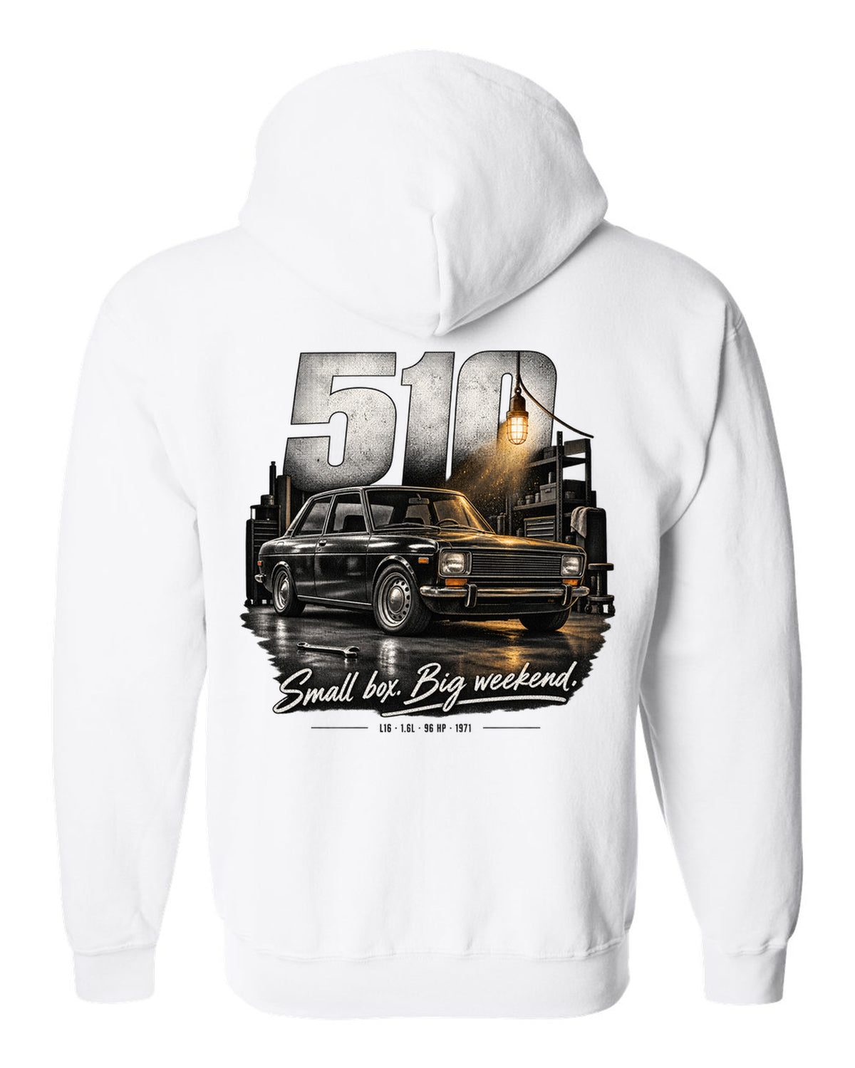 Garage night print of a Datsun 510 sedan with L16 1.6L 96 HP text white zip hoodie back view with the design