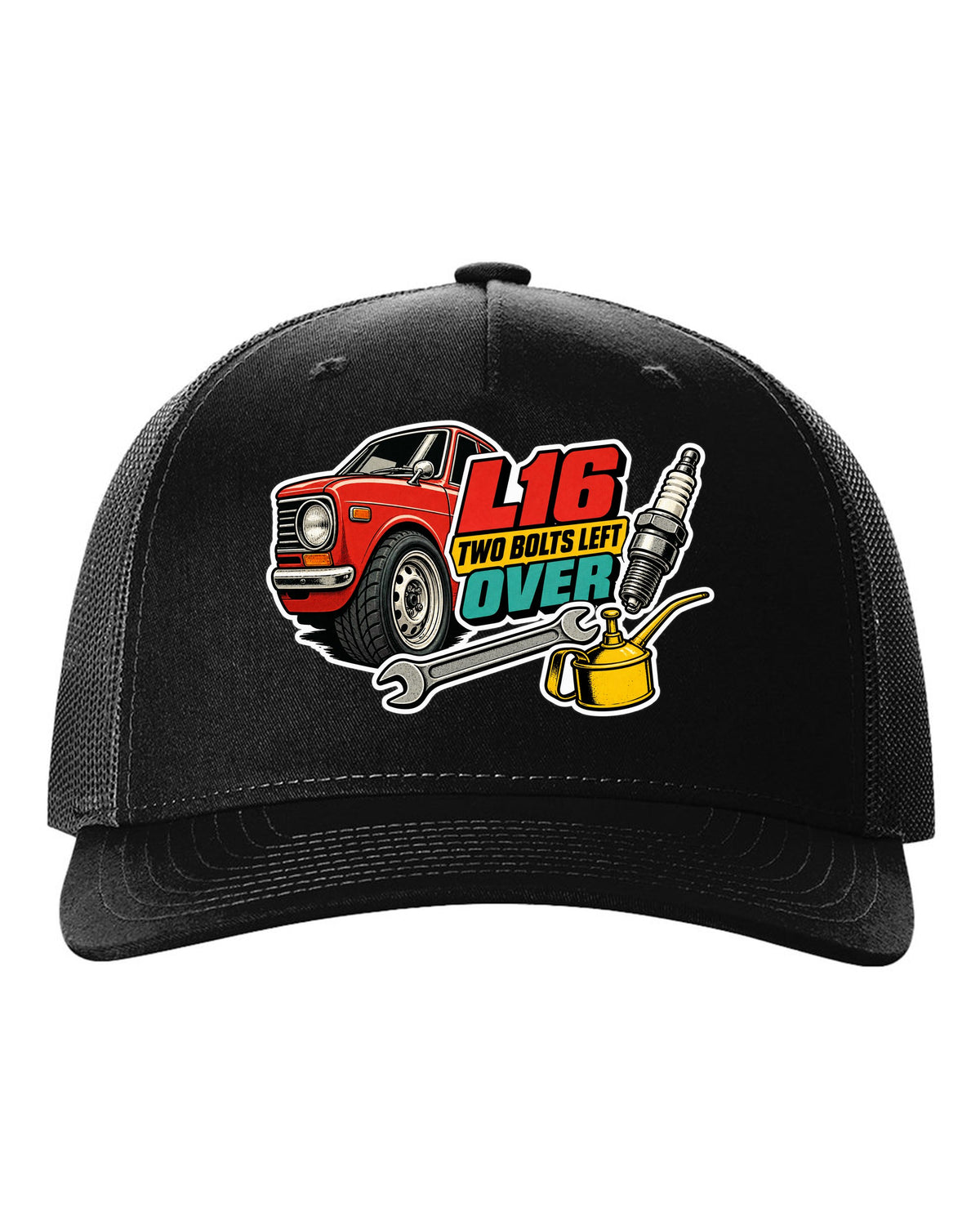 Datsun 510 wheel and fender sticker-bomb collage with L16 text on the front of a shirt black hat front view with the design