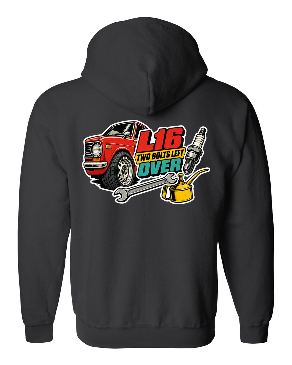 Datsun 510 wheel and fender sticker-bomb collage with L16 text on the front of a shirt black zip hoodie back view with the design