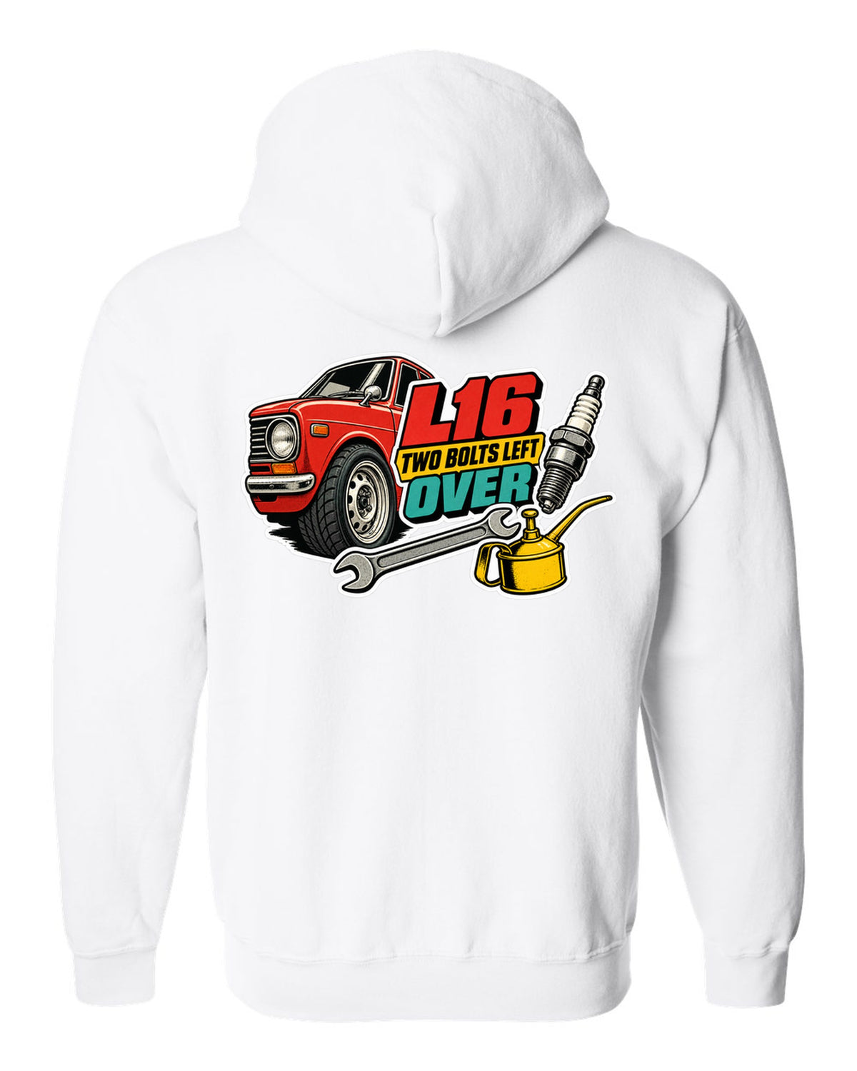 Datsun 510 wheel and fender sticker-bomb collage with L16 text on the front of a shirt white zip hoodie back view with the design