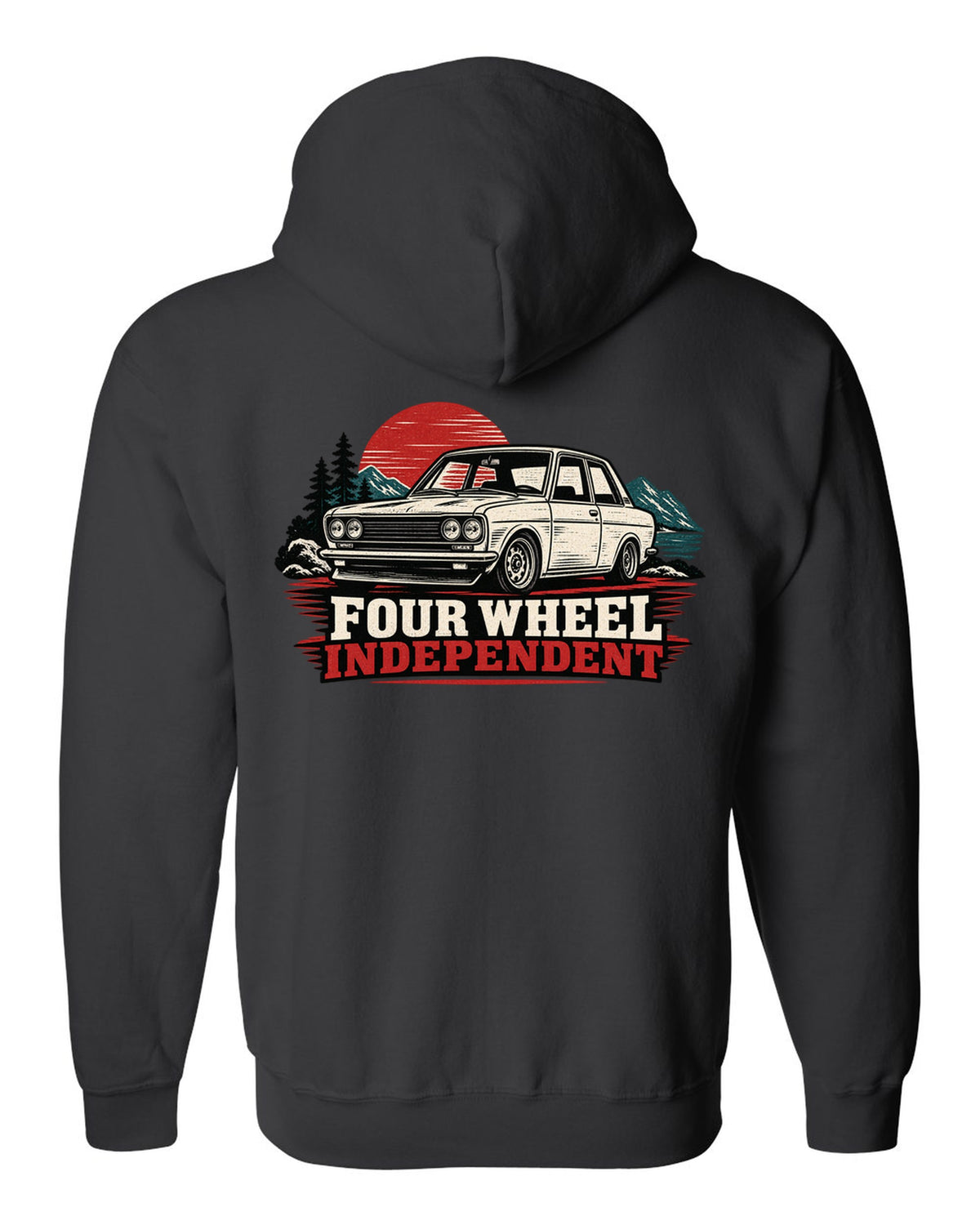 Linocut print of a Datsun 510 with Four Wheel Independent lettering black zip hoodie back view with the design