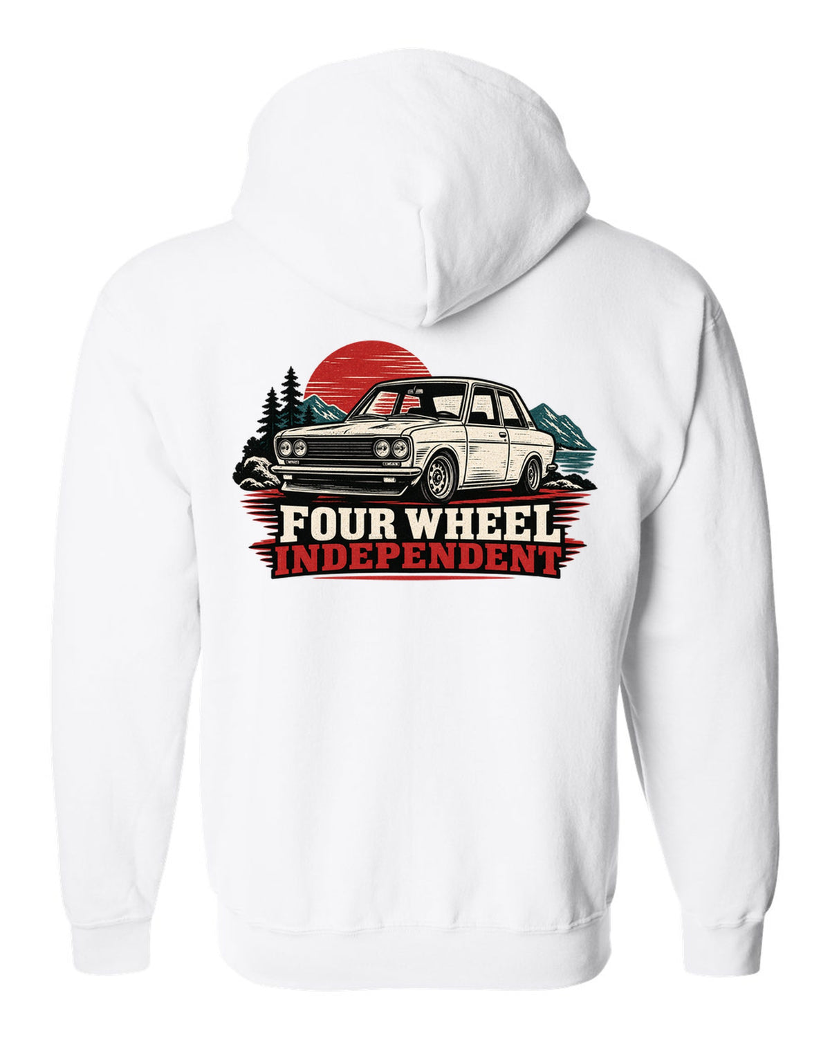 Linocut print of a Datsun 510 with Four Wheel Independent lettering white zip hoodie back view with the design