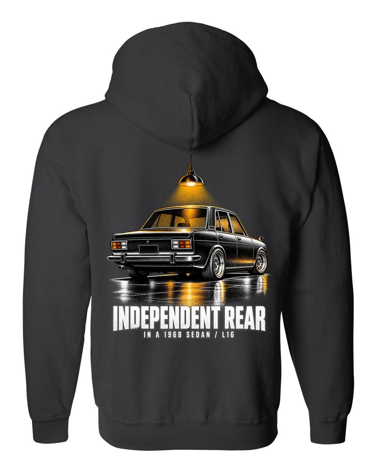 print of a 1968 Datsun 510 PL510 sedan from the rear three-quarter in a night garage black zip hoodie back view with the design