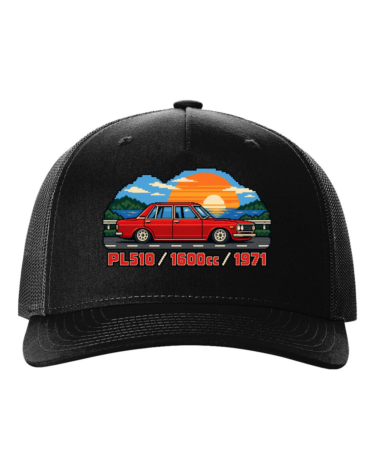 16-bit pixel art of a 1971 Datsun 510 PL510 sedan with 1600cc lettering black hat front view with the design
