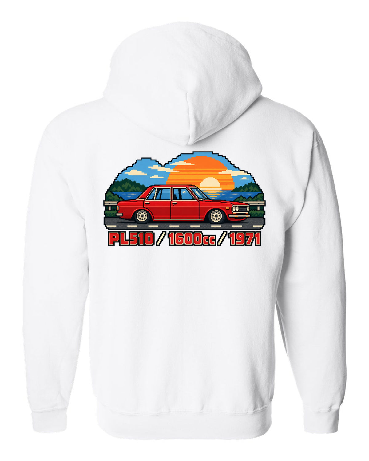 16-bit pixel art of a 1971 Datsun 510 PL510 sedan with 1600cc lettering white zip hoodie back view with the design