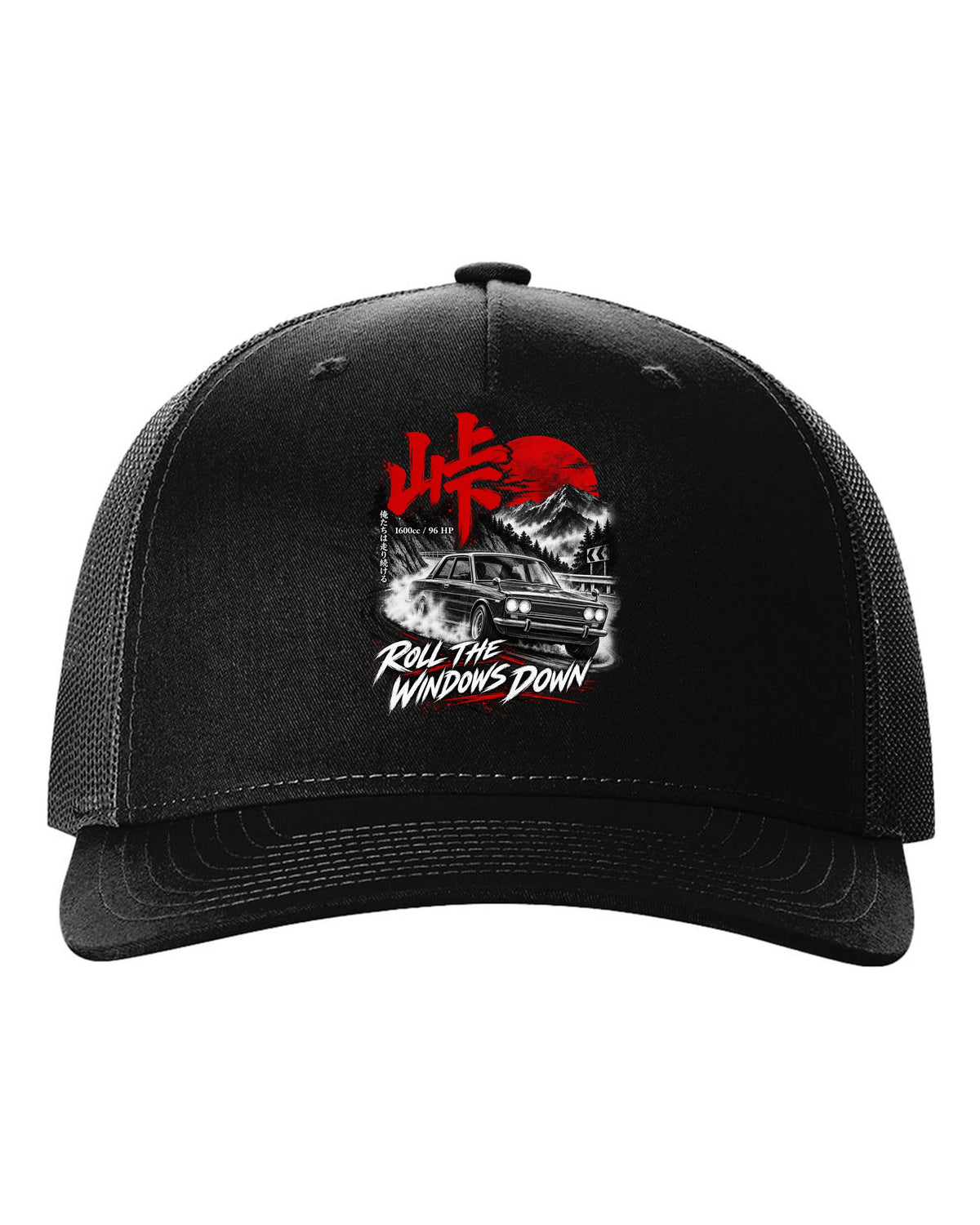 print of a Datsun 510 PL510 sedan on a mountain road at night with touge kanji black hat front view with the design