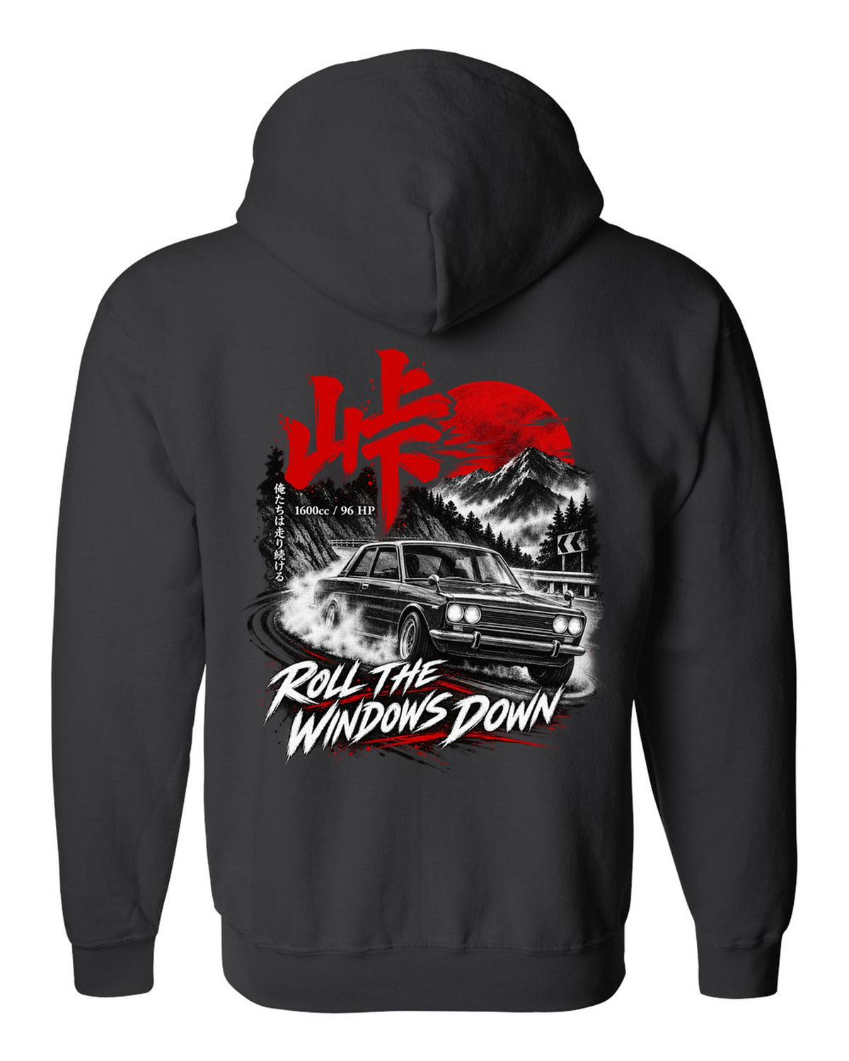 print of a Datsun 510 PL510 sedan on a mountain road at night with touge kanji black zip hoodie back view with the design