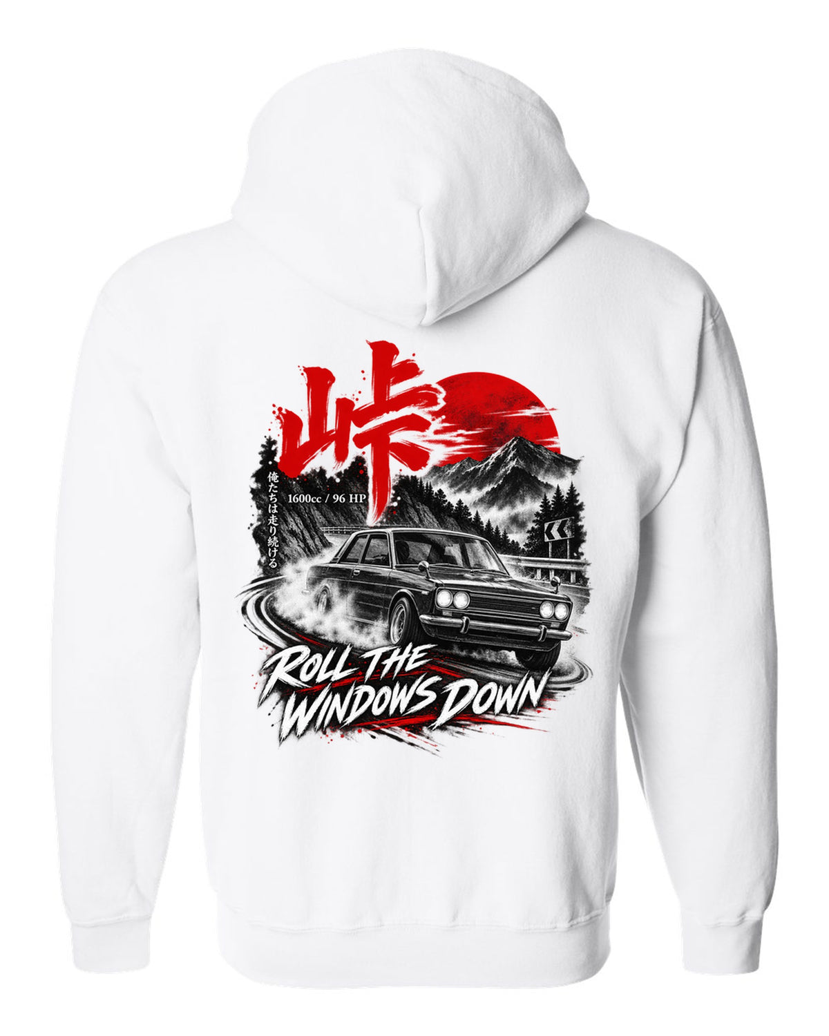 print of a Datsun 510 PL510 sedan on a mountain road at night with touge kanji white zip hoodie back view with the design