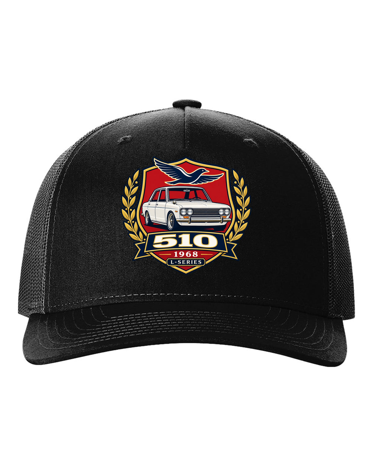 Shield crest print for the Datsun 510 with 510, 1968 and L-Series lettering black hat front view with the design