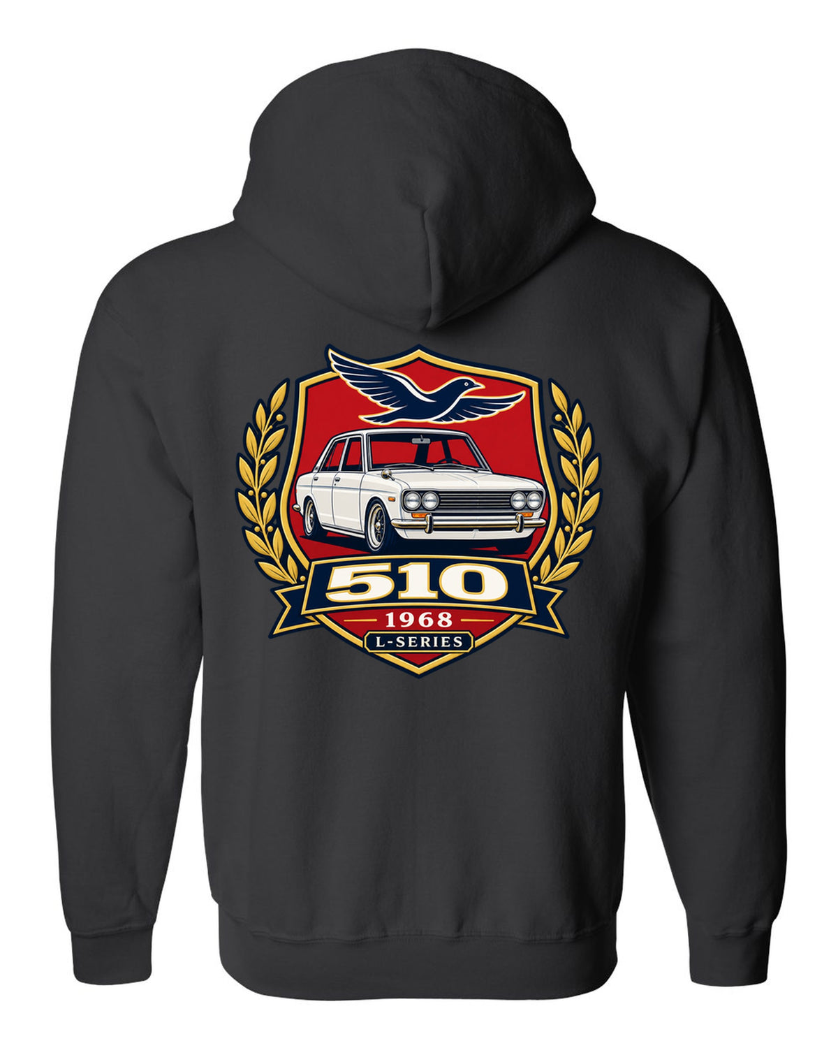 Shield crest print for the Datsun 510 with 510, 1968 and L-Series lettering black zip hoodie back view with the design