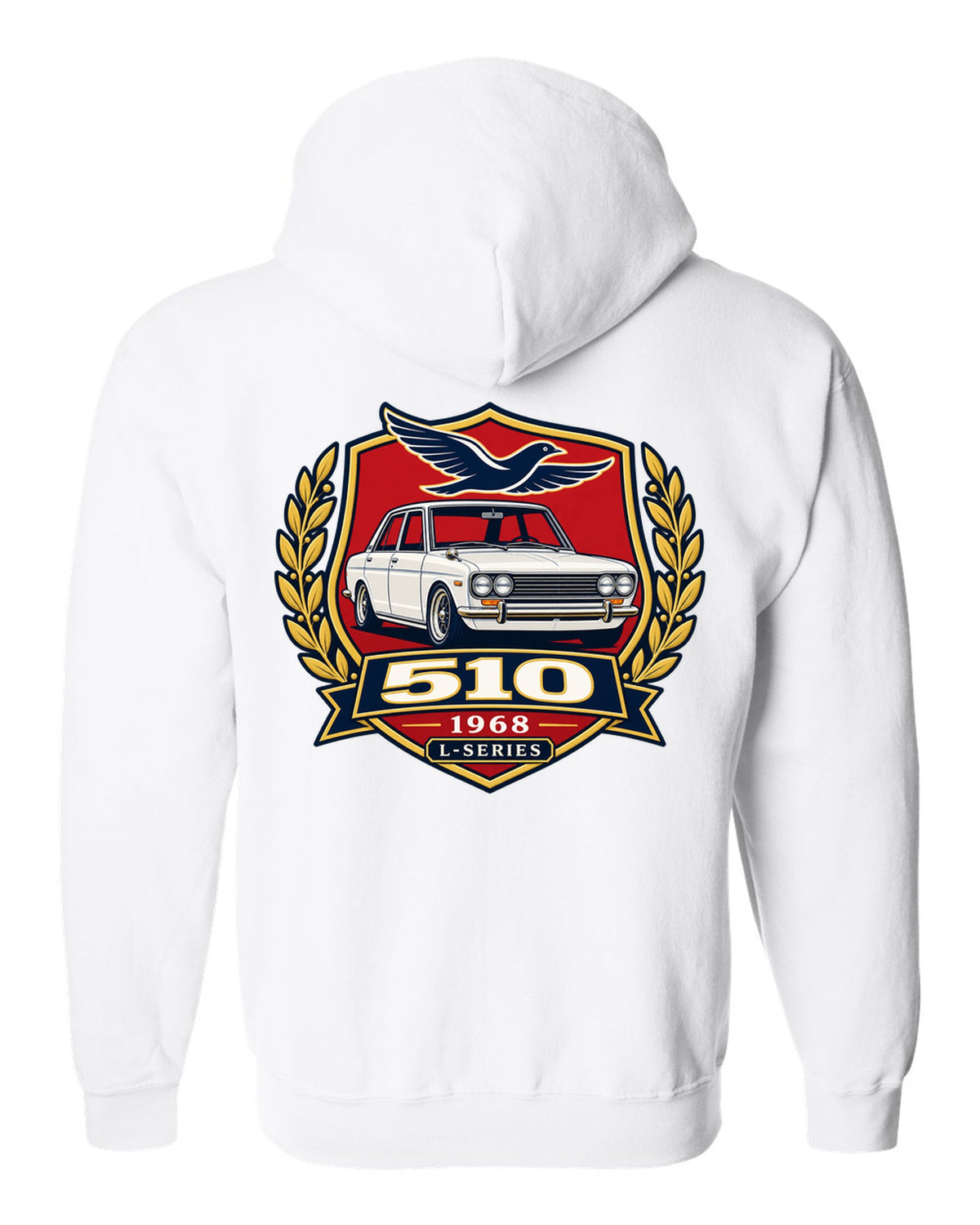 Shield crest print for the Datsun 510 with 510, 1968 and L-Series lettering white zip hoodie back view with the design