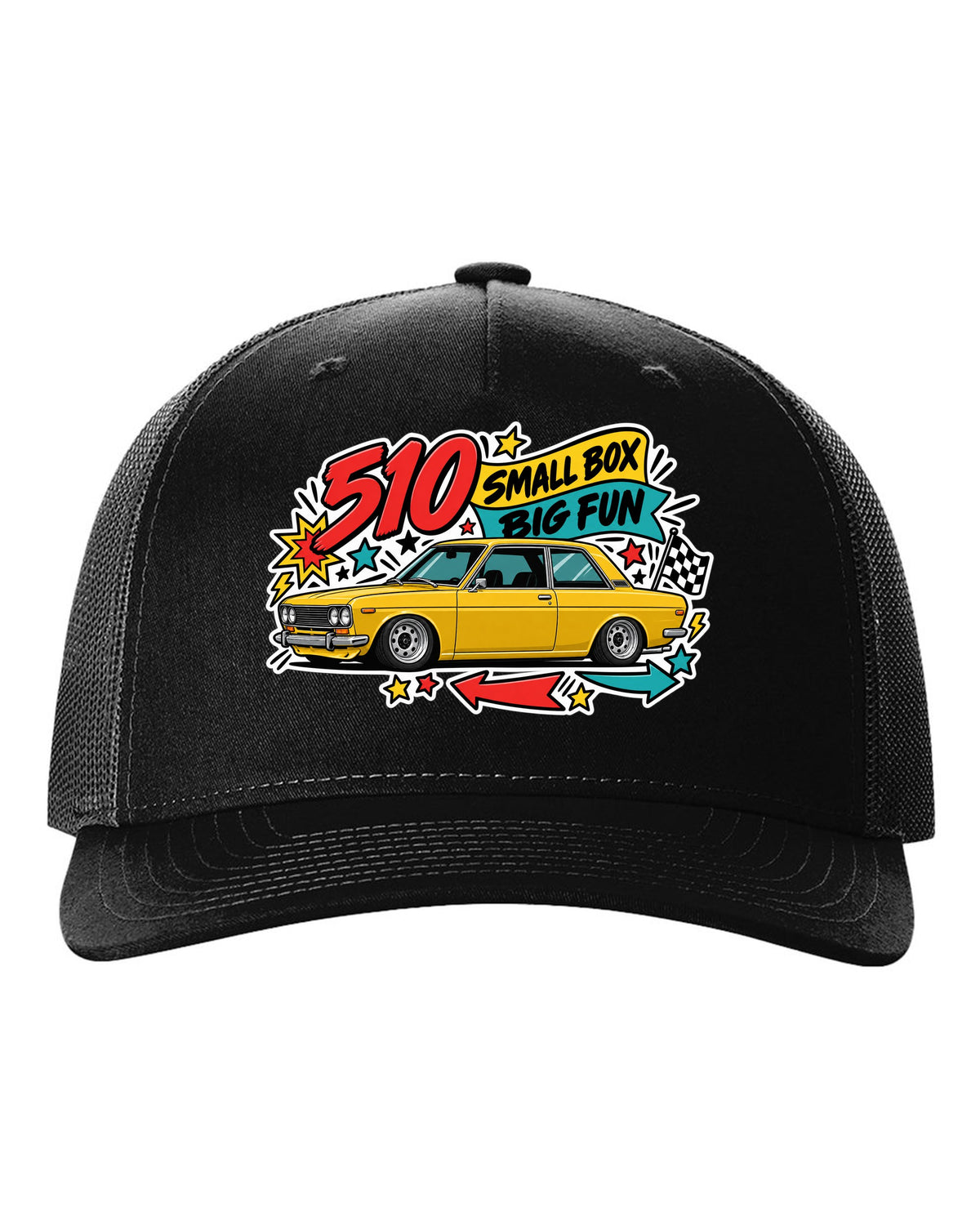 Sticker-bomb print for the Datsun 510 reading 510 Small Box Big Fun black hat front view with the design