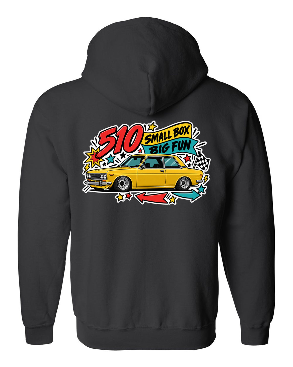 Sticker-bomb print for the Datsun 510 reading 510 Small Box Big Fun black zip hoodie back view with the design