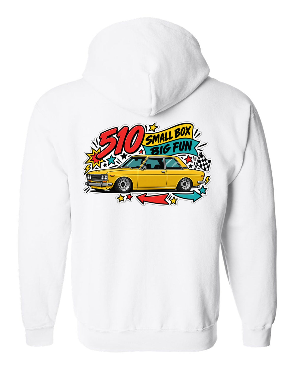 Sticker-bomb print for the Datsun 510 reading 510 Small Box Big Fun white zip hoodie back view with the design