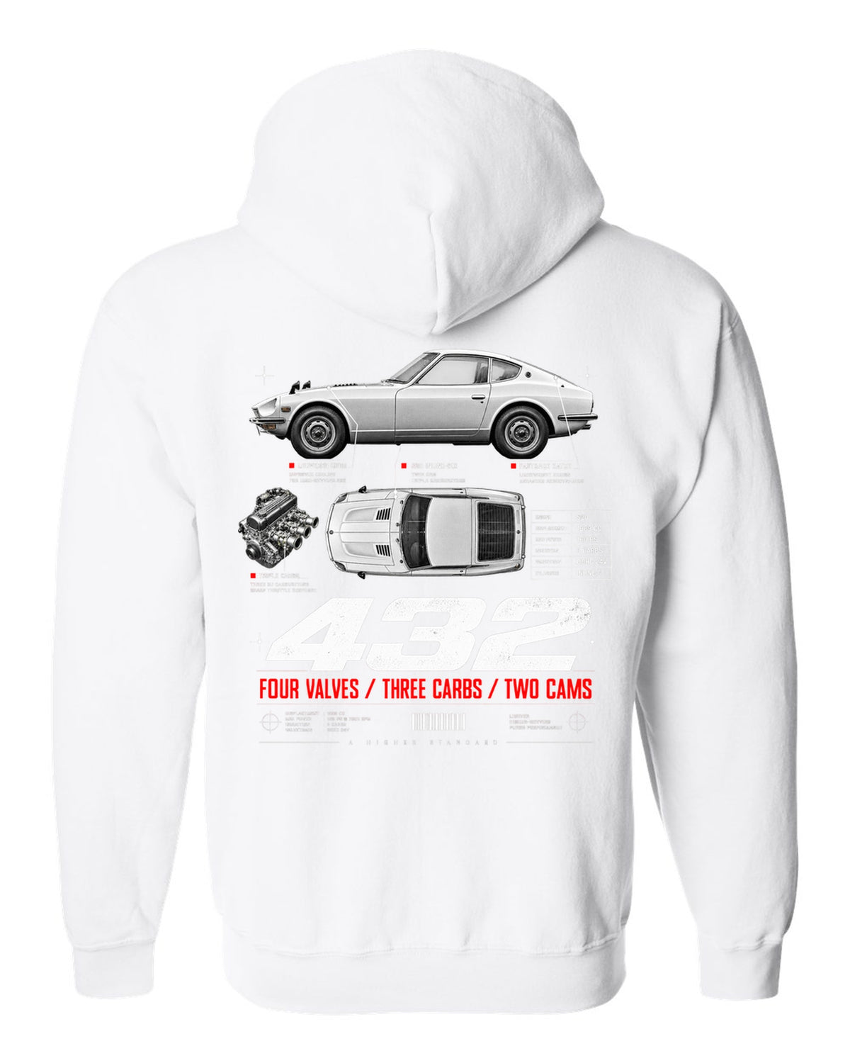 print spec poster of a 1970 Datsun Fairlady Z432 PS30 in profile and top-down view white zip hoodie back view with the design