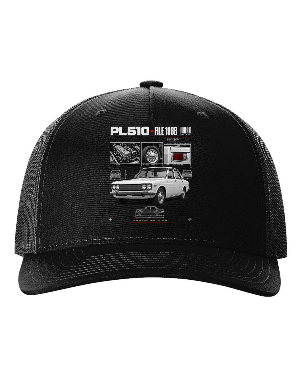 Dossier panel print of a Datsun PL510 sedan and wagon with suspension notes black hat front view with the design