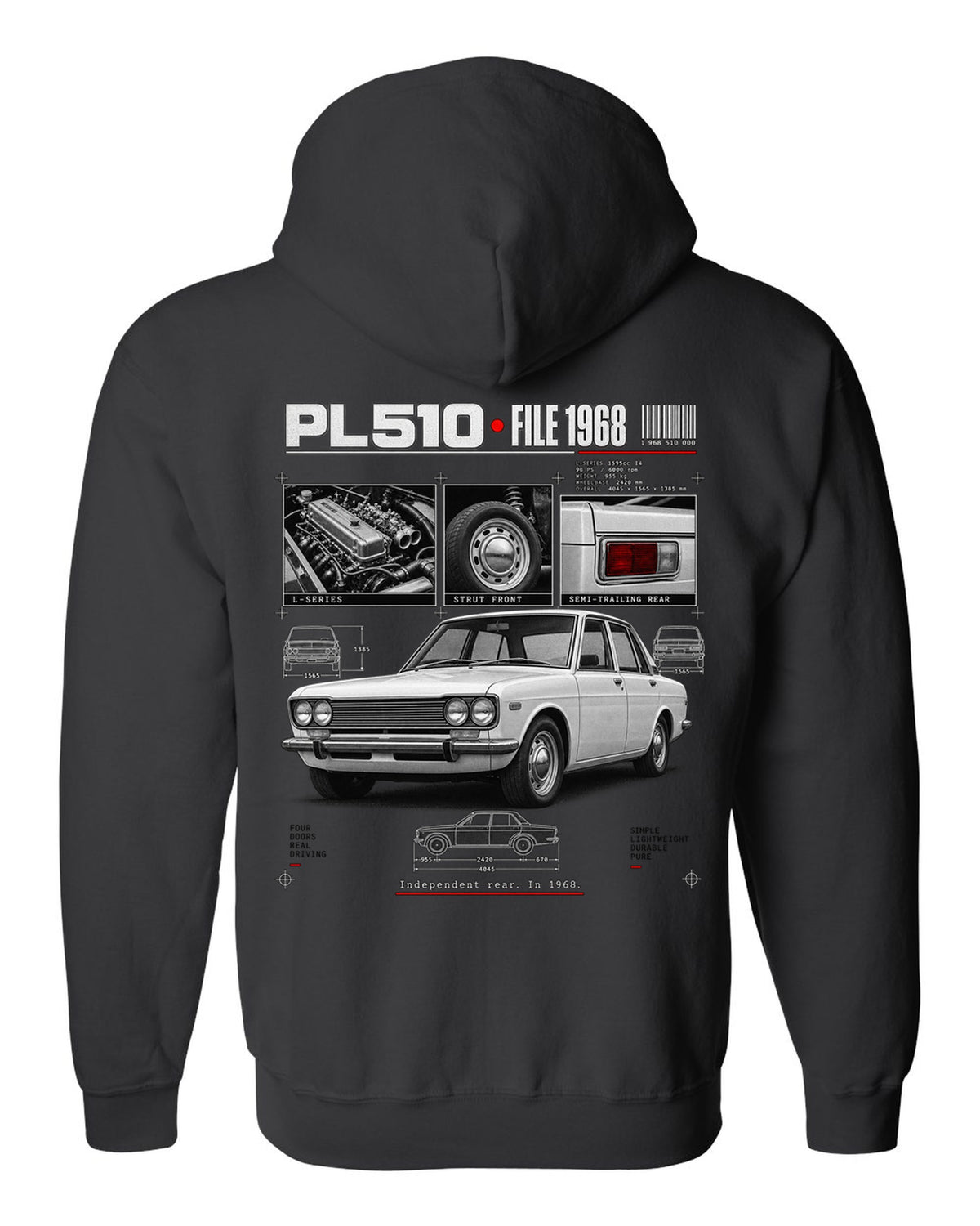 Dossier panel print of a Datsun PL510 sedan and wagon with suspension notes black zip hoodie back view with the design