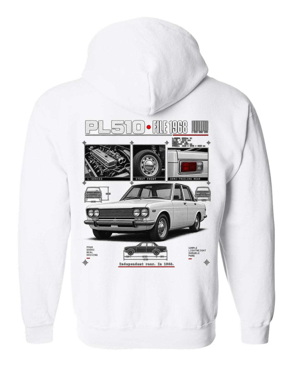 Dossier panel print of a Datsun PL510 sedan and wagon with suspension notes white zip hoodie back view with the design