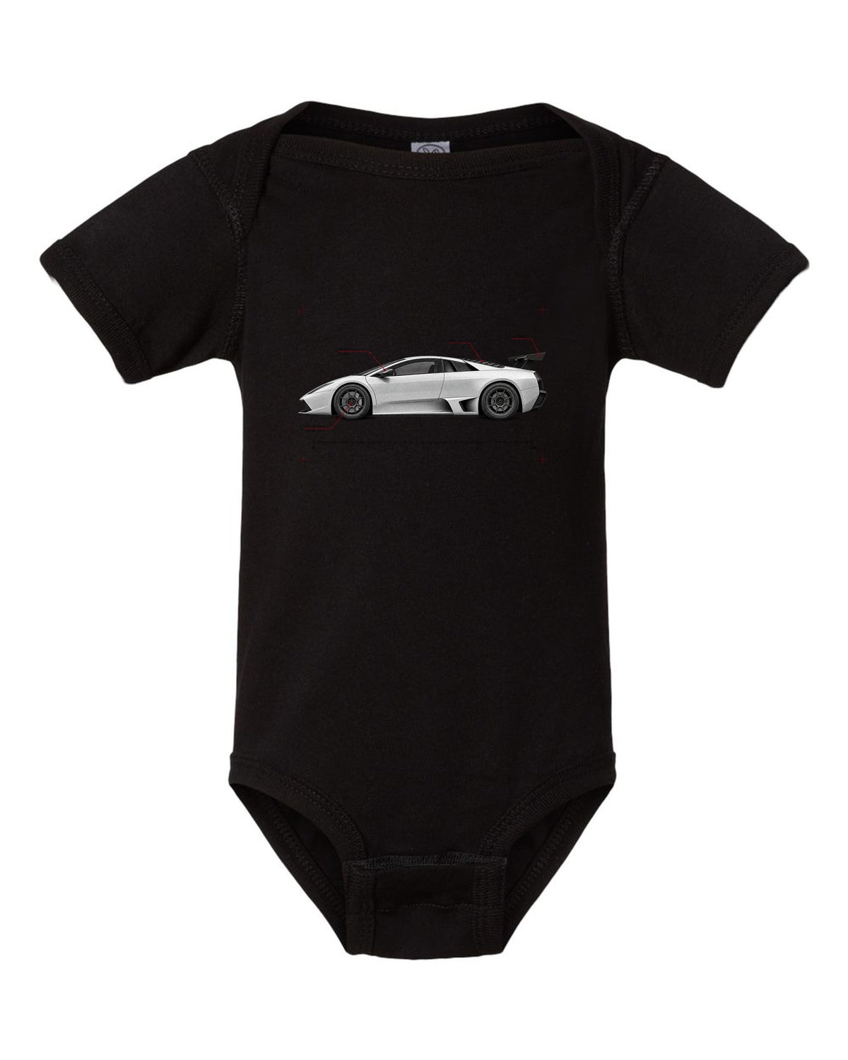 Spec poster print of a Lamborghini Gallardo Superleggera with 618 made and Carbon Diet text black baby onesie front view with the design