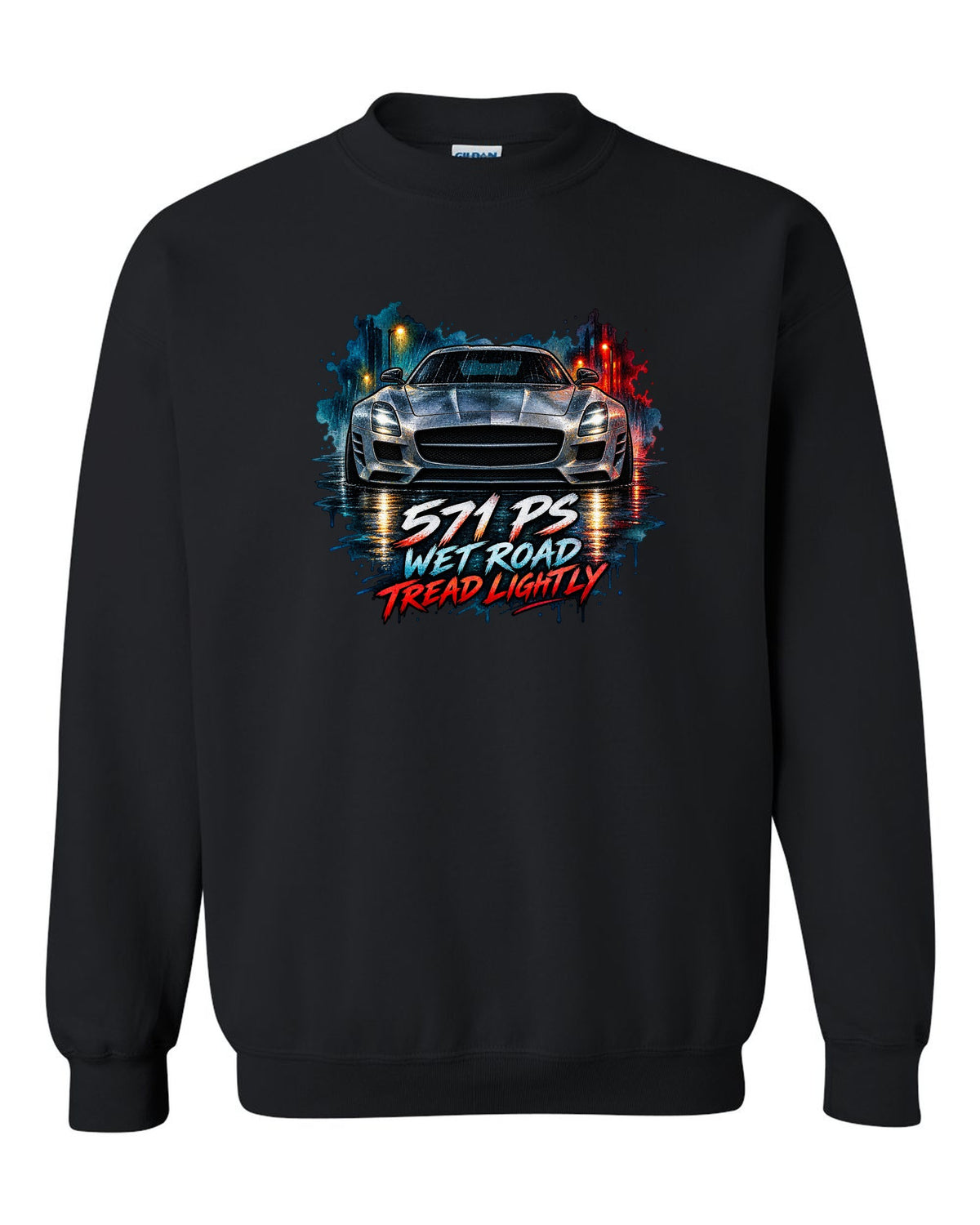 Watercolour illustration of a Mercedes SLS AMG C197 on a wet night road with 571 PS text black crewneck front view with the design