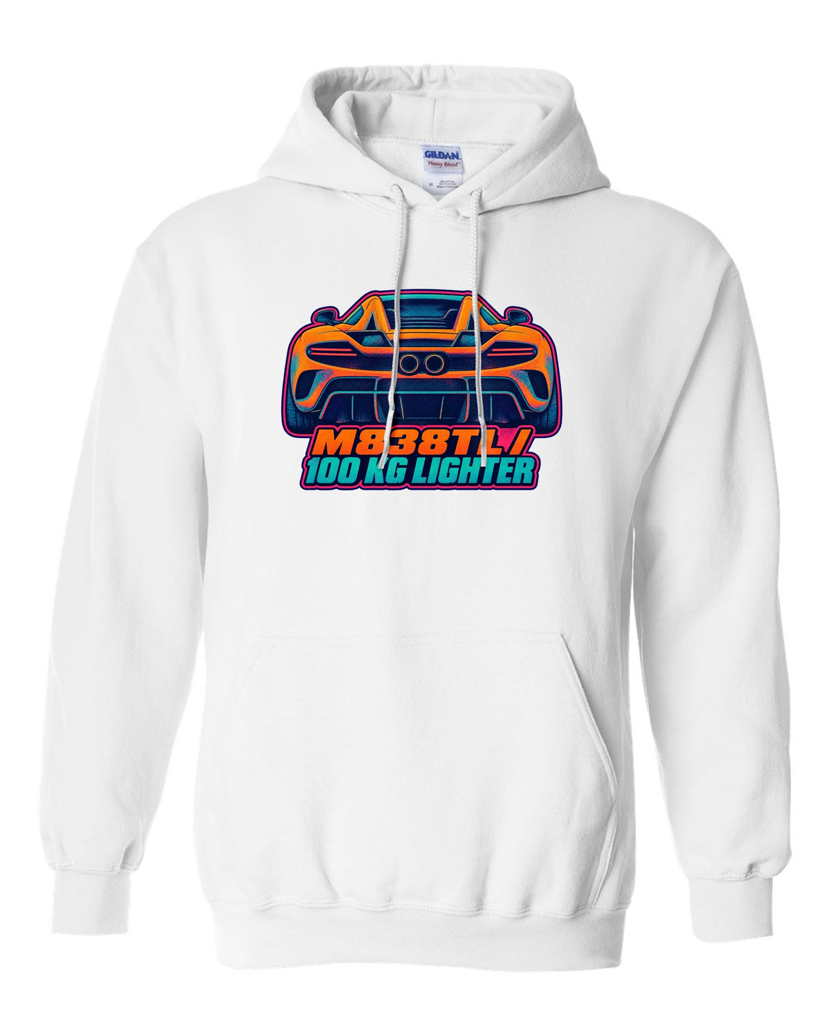 Risograph spot colour print of the McLaren 675LT flying buttress with M838TL and 100 kg Lighter lettering white pull over hoodie front view with the design