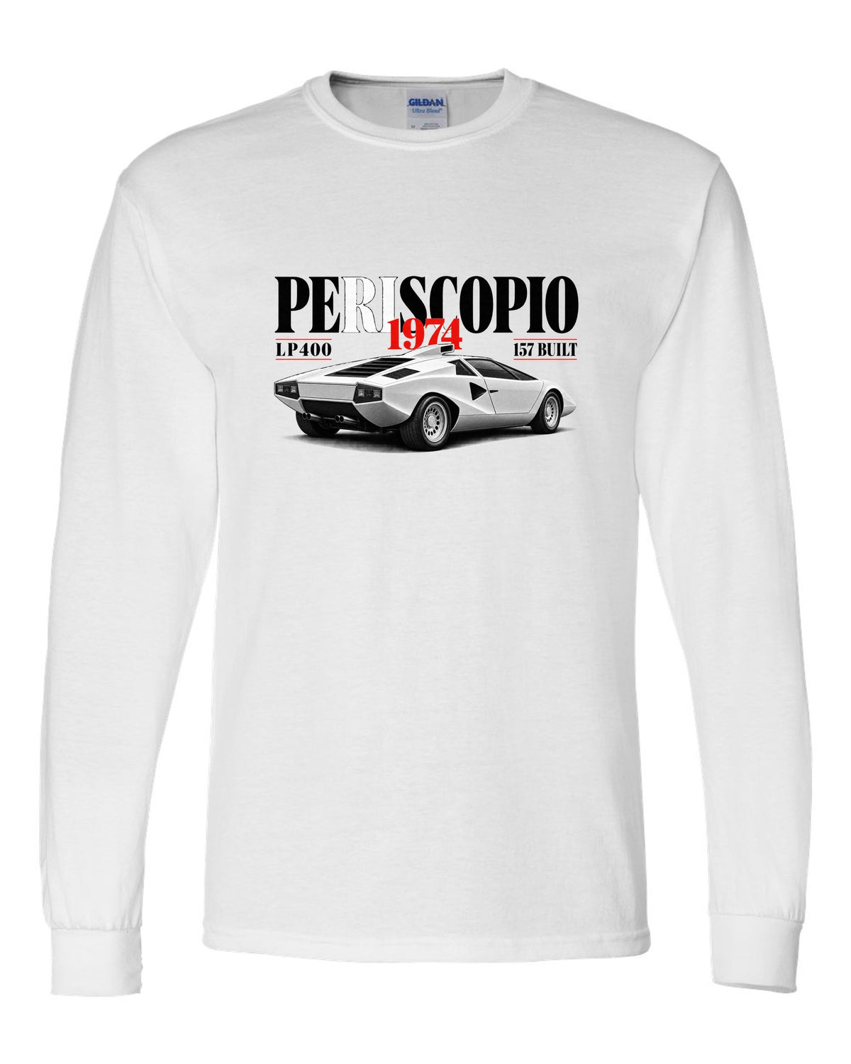Editorial print of a Lamborghini Countach LP400 with periscopio and 157 built text white long sleeve front view with the design