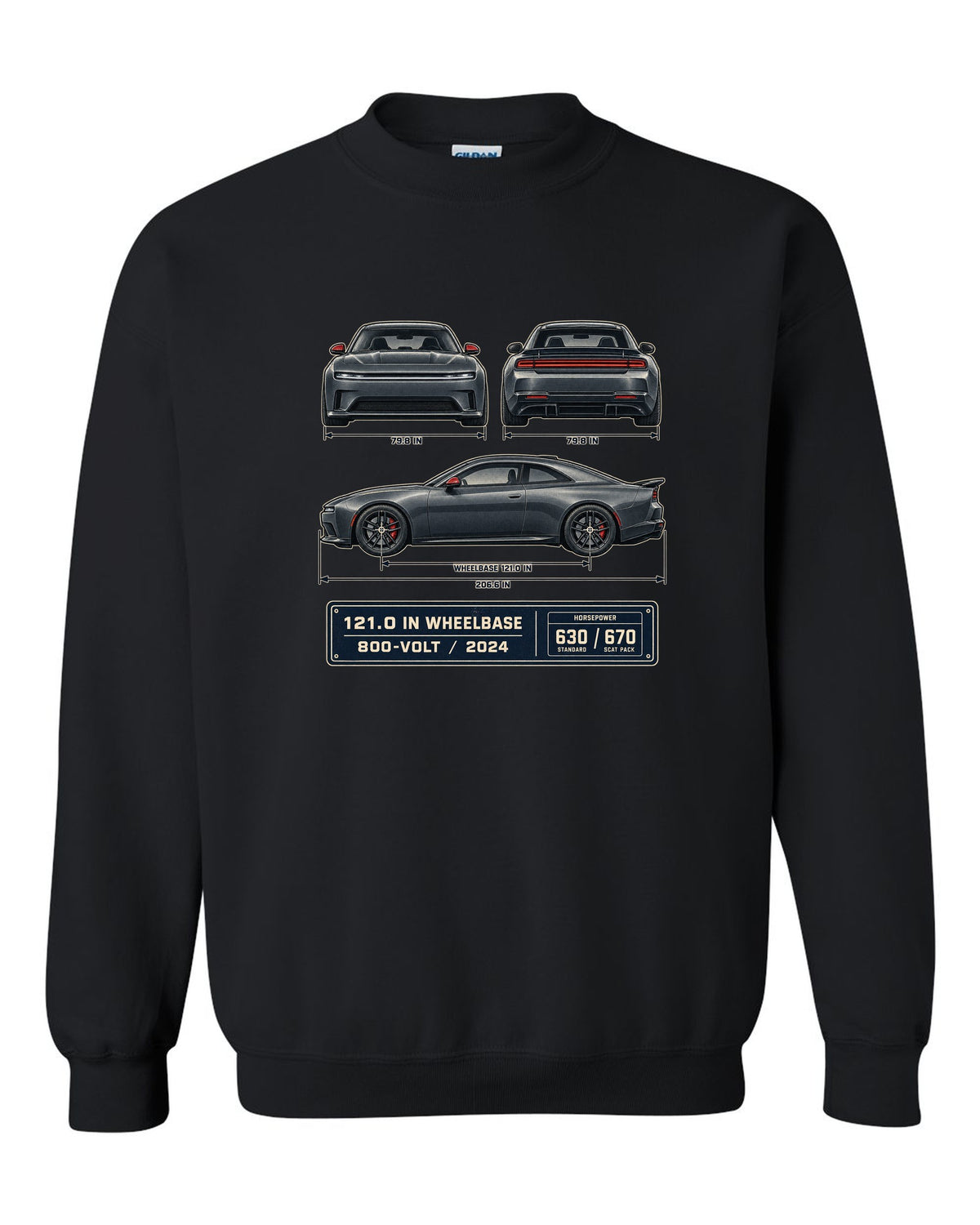 Dodge Charger Daytona Scat Pack 2024 dimension blueprint print black crewneck front view with the design