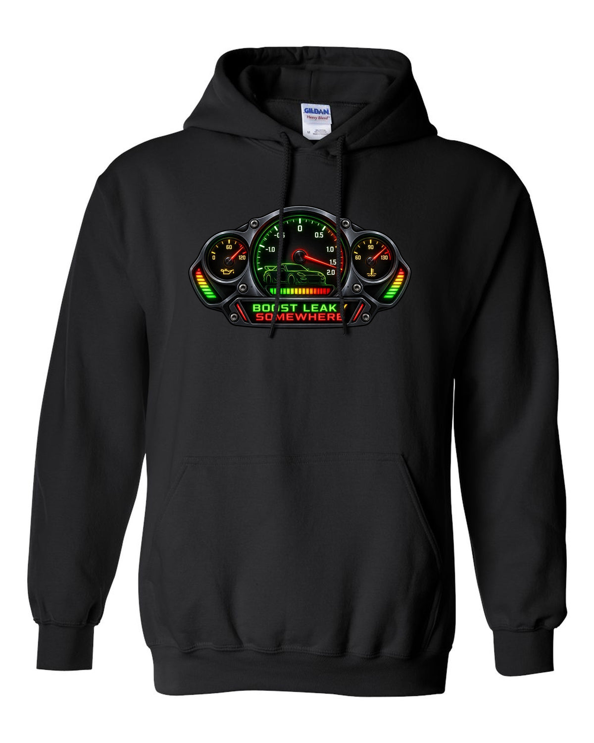 Sticker-bomb collage print of a Mazda RX-7 FD3S with text 5-Lug, 17 Inch, Bronze black pull over hoodie front view with the design