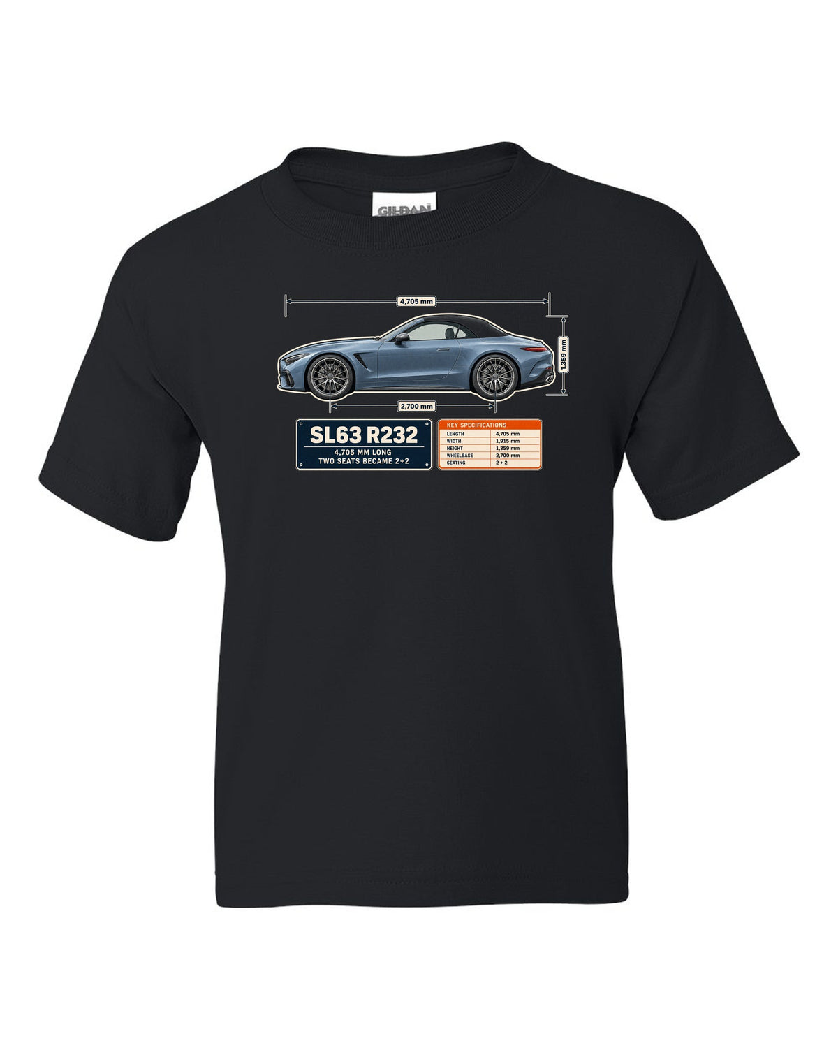 Mercedes-AMG SL63 R232 Dimension Blueprint black kids tee front view with the design