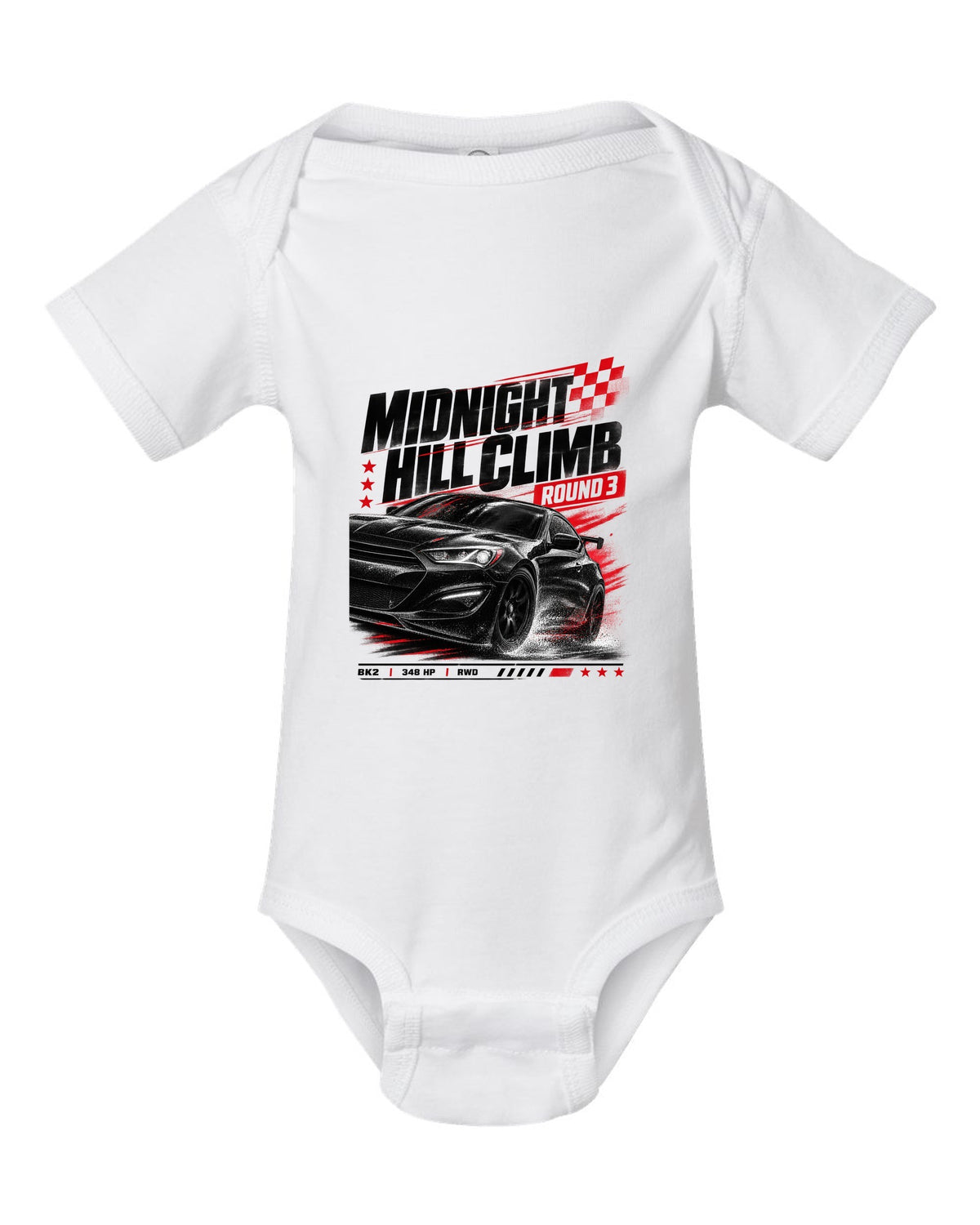 Hyundai Genesis Coupe BK2 midnight hill climb race poster white baby onesie front view with the design
