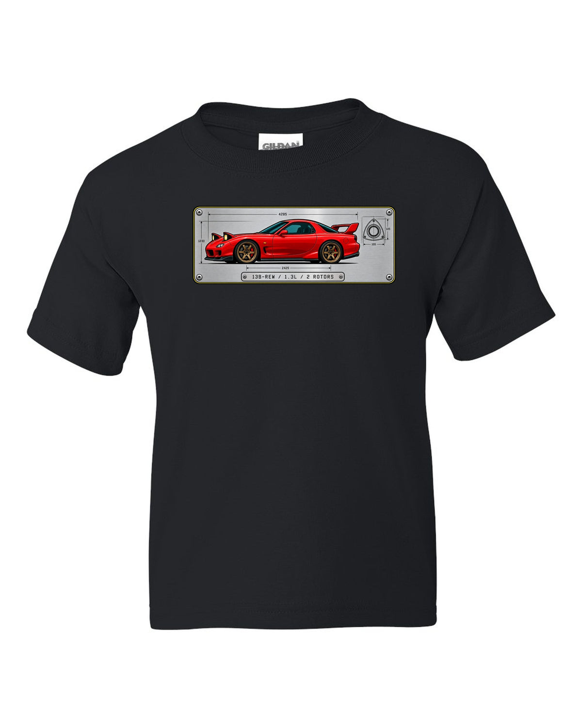 Spec plate print for a Mazda RX-7 FD3S listing 13B-REW, 1.3L and 2 rotors black kids tee front view with the design