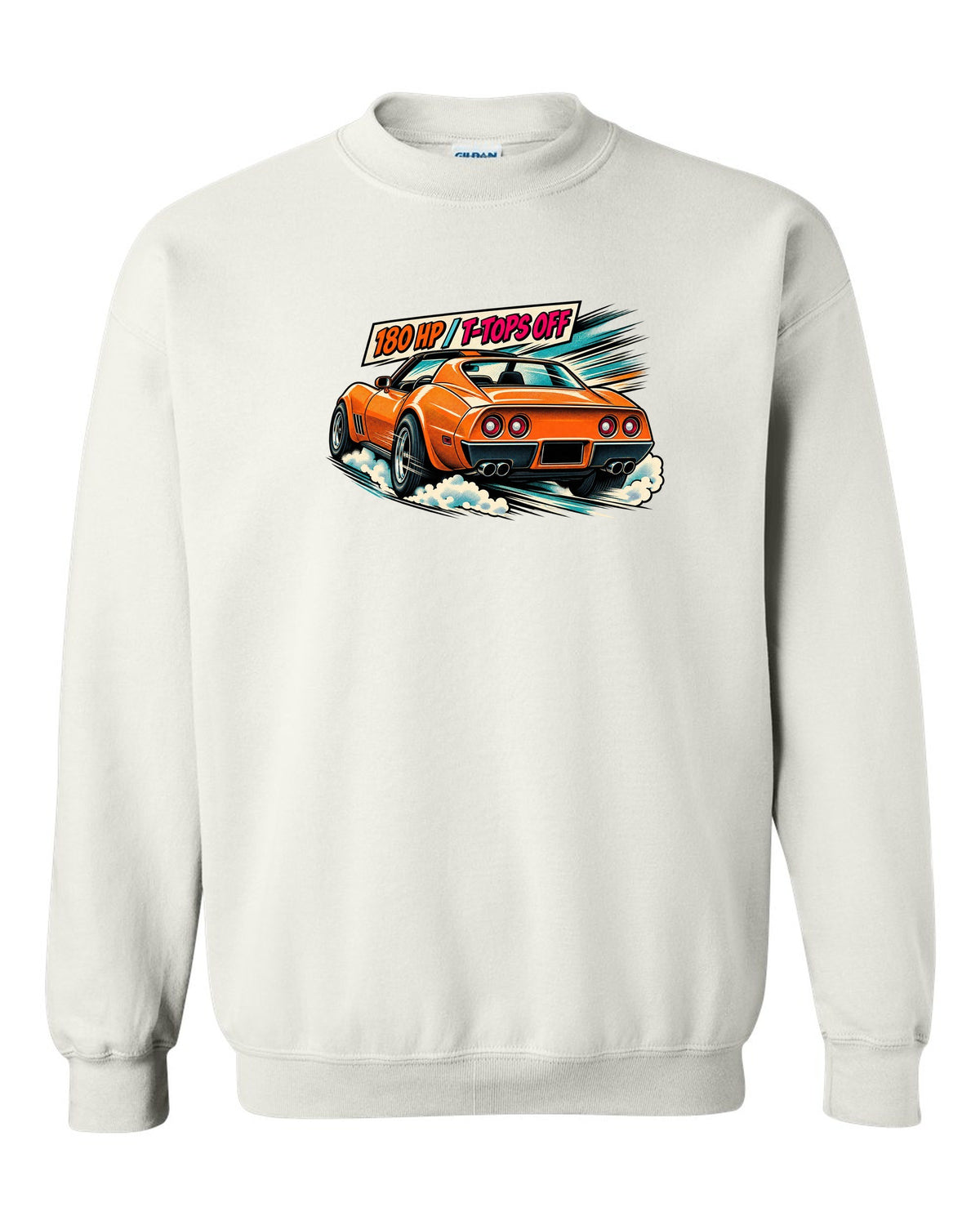 Retro manga halftone panel print of 1977 Chevrolet Corvette C3 Stingray taillights with 180 HP T-Tops Off text white crewneck front view with the design