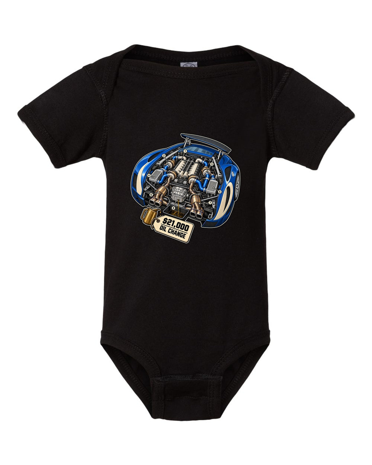 Exploded cutaway diagram print of the Bugatti Veyron 16.4 W16 engine with oil change lettering black baby onesie front view with the design