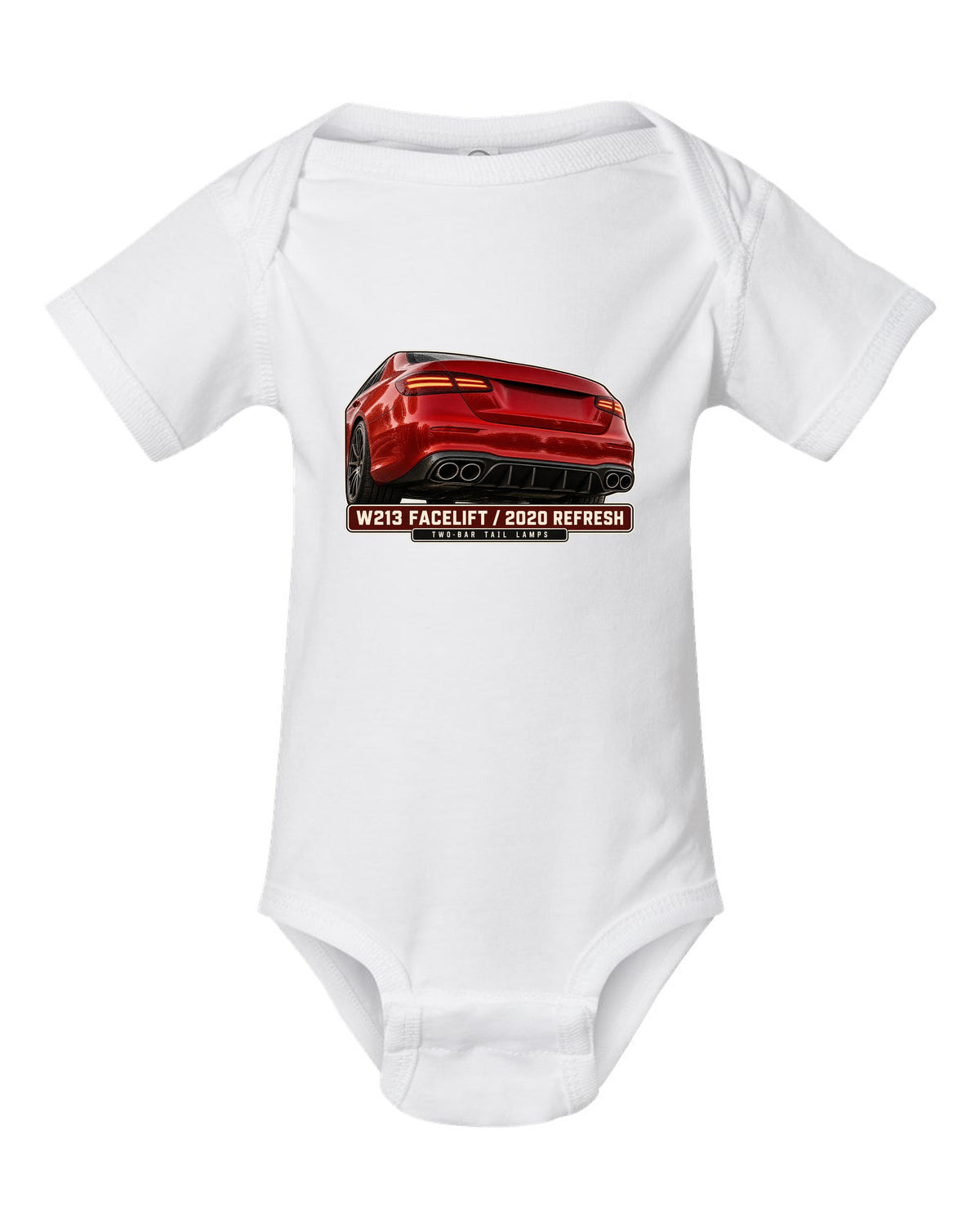 Tail lamp macro print of a red-orange Mercedes-AMG E63 S W213 facelift white baby onesie front view with the design