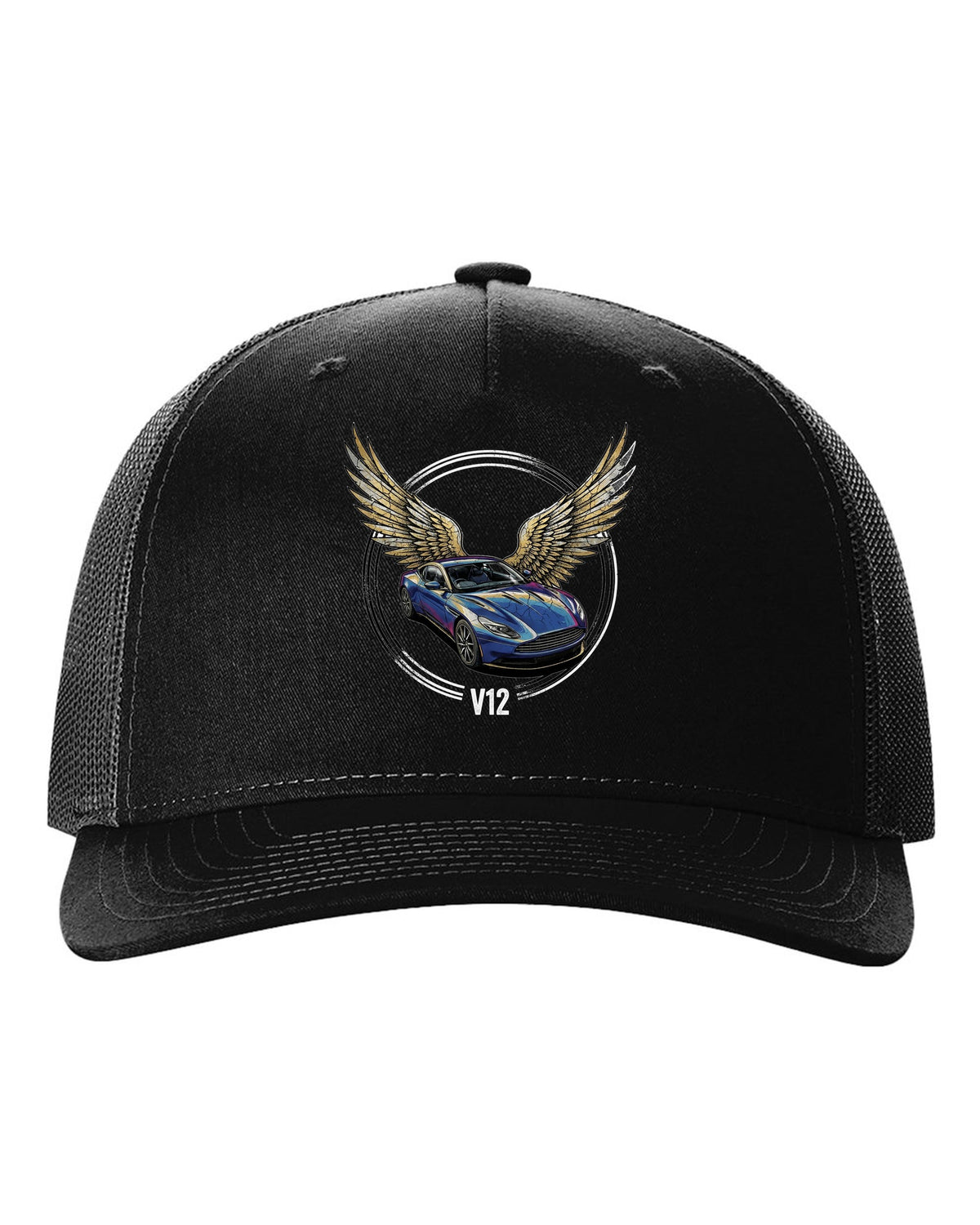 Aston Martin DB11 Wings black trucker hat front view with the design