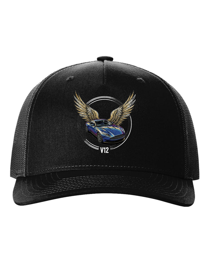 Aston Martin DB11 Wings black trucker hat front view with the design