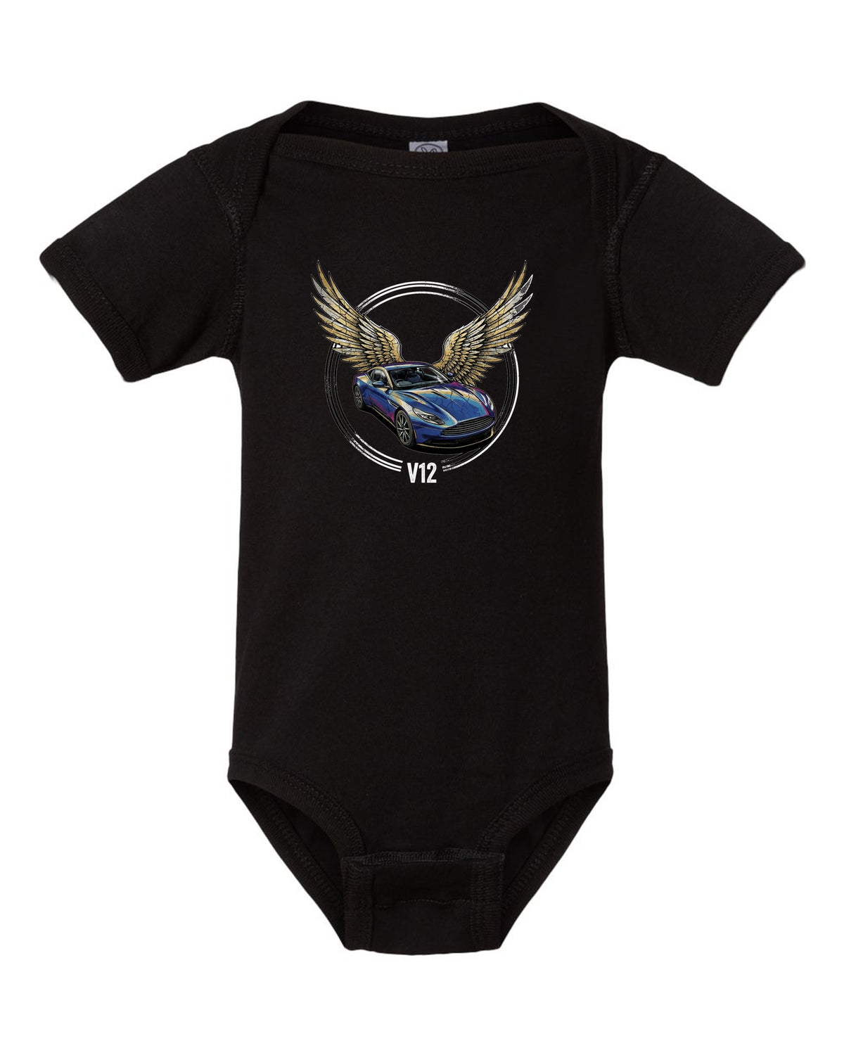 Aston Martin DB11 Wings black baby onesie front view with the design