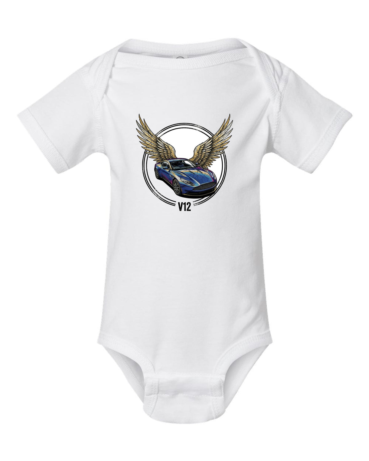 Aston Martin DB11 Wings white baby onesie front view with the design